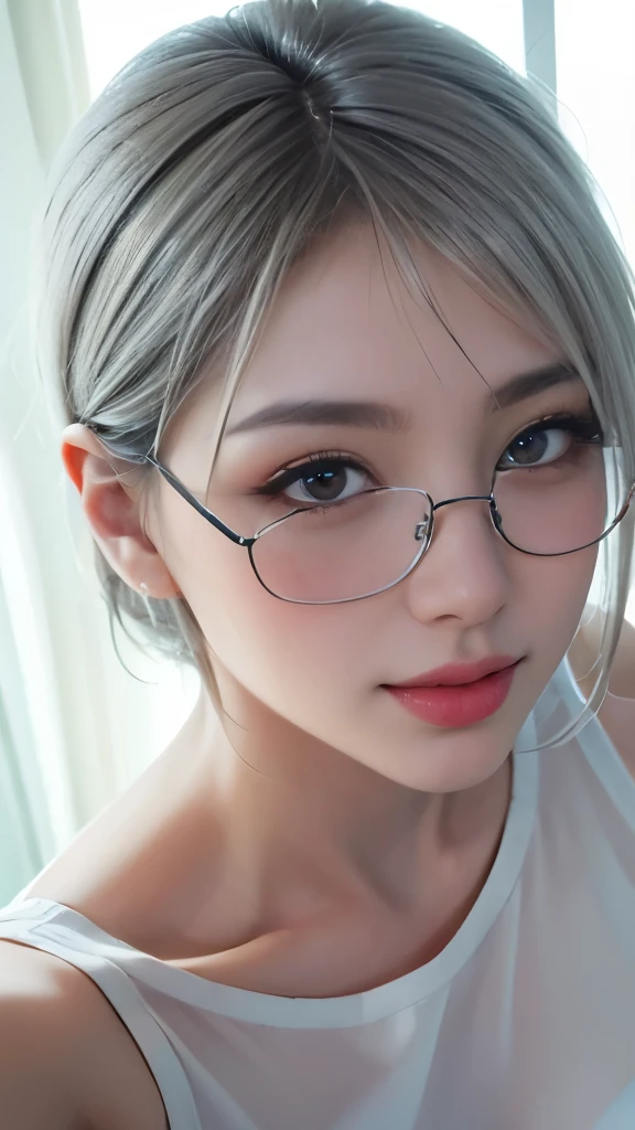 sweet expression, Lying, white glasses, short gray hair, (8k, RAW photo, realistic:1.25) ,( lip gloss, eyelash, shiny face, shiny skin, highest quality, ultra high resolution , Depth of the bounds written, chromatic aberration, caustics, wide light, natural shadow, K-POPアイドル) Gazing at the viewer with a calm and goddess-like blissful expression, whole body, big breasts, white underwear, black stockings, white shirt, secretary、smile、(full shot:1.8)