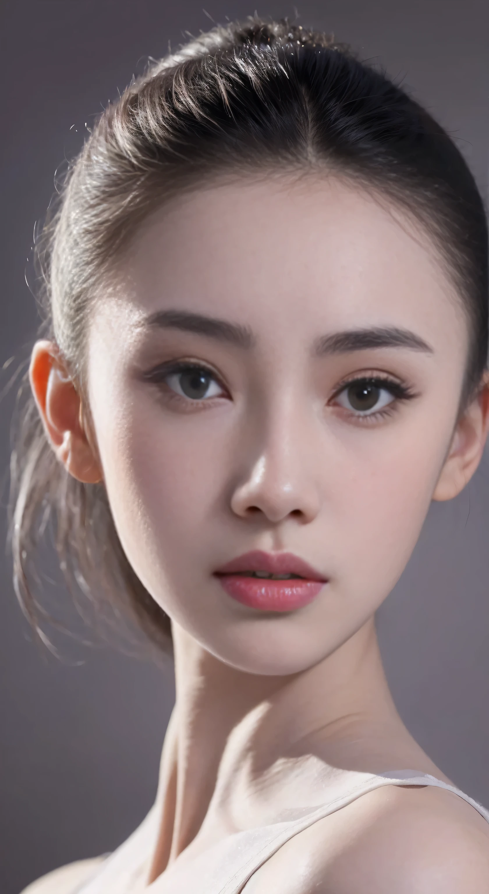 fashion model 18 years old [[[[face close-up]]]], [[[[]]]], [[[[rape]]]], perfect eyes, perfect iris，perfect lips，perfect teeth，Perfect skin，Has fair skin，long face，slender nose，女孩s face，((Chinese ballet dancer&#39;s face))，Keep your eyes on the camera，一张精致s face，take off shoulders，show your neck，Sexy，Slim，（face close-up:1.8），gray background，4K Ultra HD, ultra high resolution, (lifelike: 1.4), best quality，masterpiece，（pastel colors：1.2），（front view 1.8)