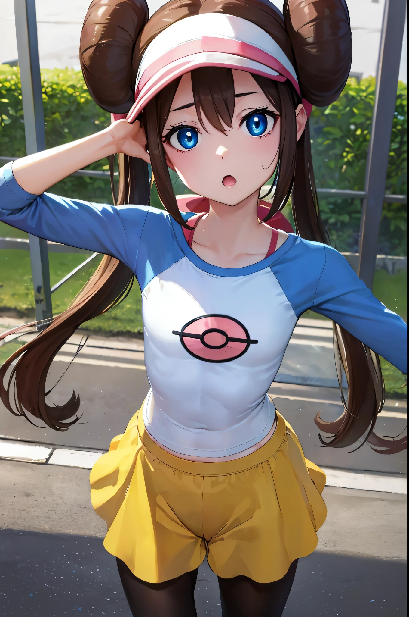 rosa, rosa, brown hair, double good, doughnut bun hair, bun hair, blue eyes, hair between eyes, twin tails, (small breasts:1.2), open your mouth,
break pantyhose, Pantyhose under shorts, raglan sleeves, skirt, yellow skirt, white shirt, blue sleeves, long sleeve, visor cap,
break looking at viewer, Upper body, whole body,
break outdoors,
break (masterpiece:1.2), highest quality, High resolution, unity 8k wallpaper, (figure:0.8), (detailed and beautiful eyes:1.6), highly detailed face, perfect lighting, Very detailed CG, (perfect hands, perfect anatomy),abs,muscle