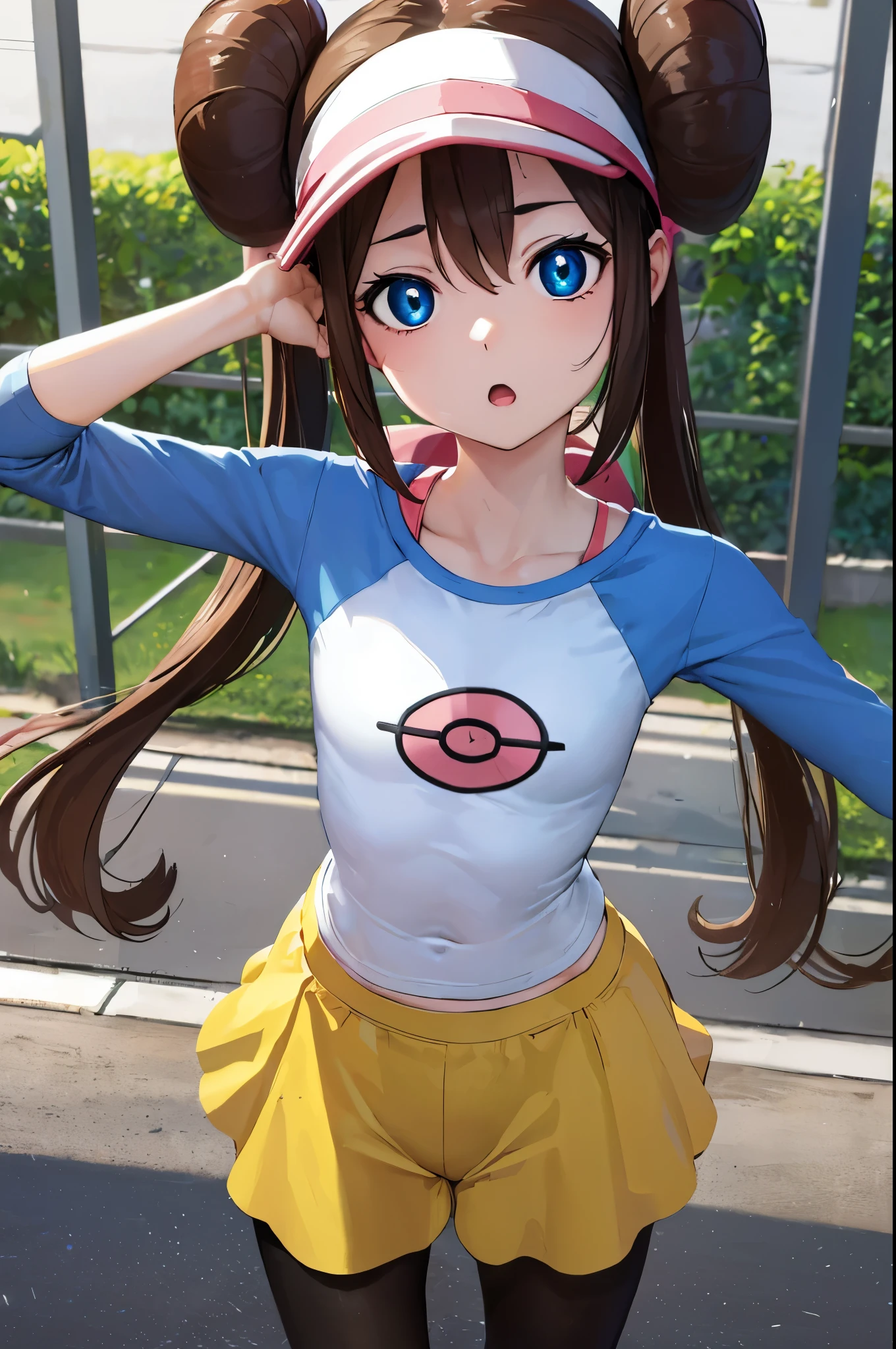 rosa, rosa, brown hair, double good, doughnut bun hair, bun hair, blue eyes, hair between eyes, twin tails, (small breasts:1.2), open your mouth,
break pantyhose, Pantyhose under shorts, raglan sleeves, skirt, yellow skirt, white shirt, blue sleeves, long sleeve, visor cap,
break looking at viewer, Upper body, whole body,
break outdoors,
break (masterpiece:1.2), highest quality, High resolution, unity 8k wallpaper, (figure:0.8), (detailed and beautiful eyes:1.6), highly detailed face, perfect lighting, Very detailed CG, (perfect hands, perfect anatomy),abs,muscle
