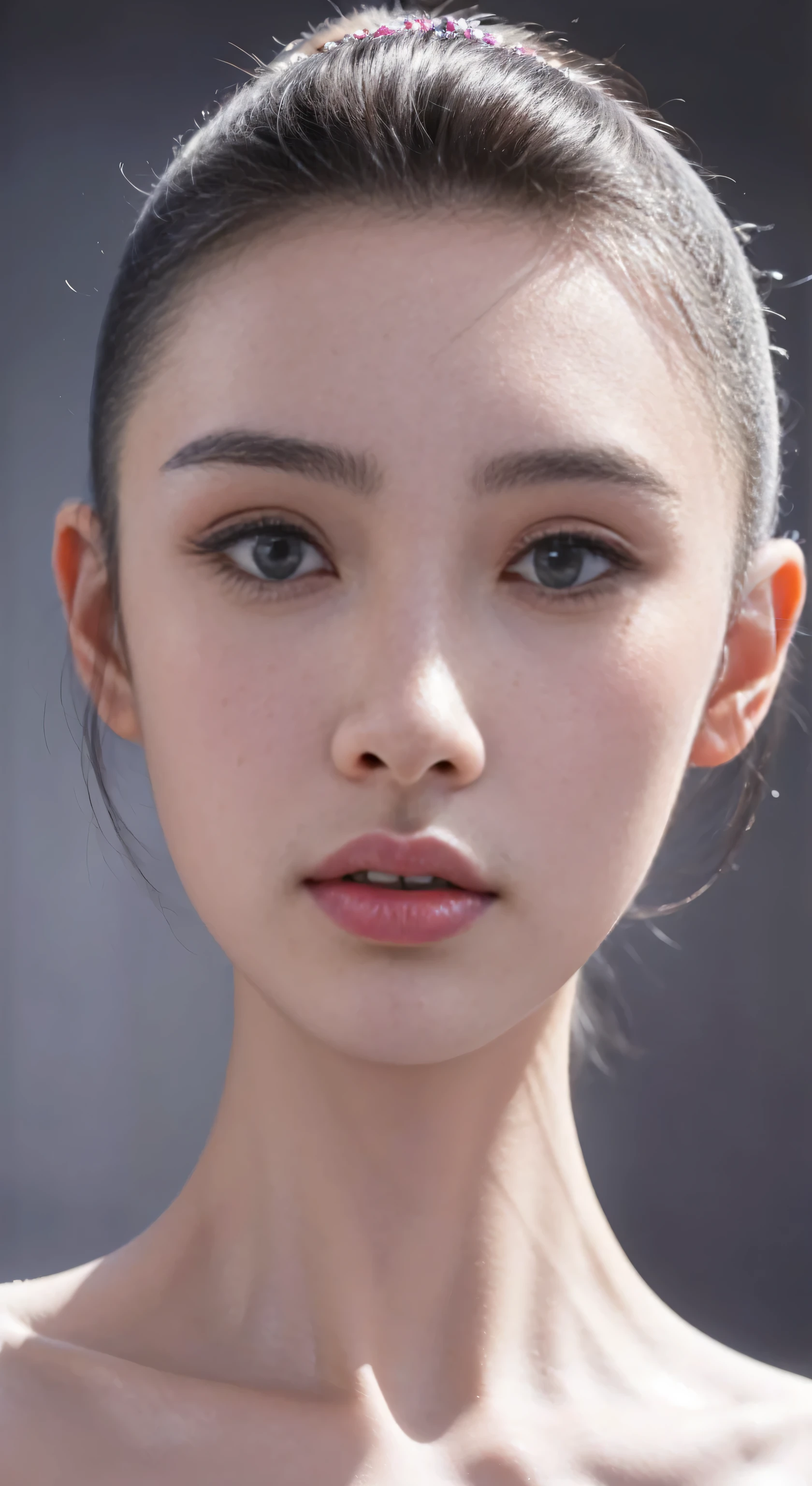 fashion model 18 years old [[[[face close-up]]]], [[[[]]]], [[[[rape]]]], perfect eyes, perfect iris，perfect lips，perfect teeth，Perfect skin，Has fair skin，long face，slender nose，女孩s face，((Chinese ballet dancer&#39;s face))，Keep your eyes on the camera，一张精致s face，take off shoulders，show your neck，Sexy，Slim，（face close-up:1.8），gray background，4K Ultra HD, ultra high resolution, (lifelike: 1.4), best quality，masterpiece，（pastel colors：1.2），（front view 1.8)