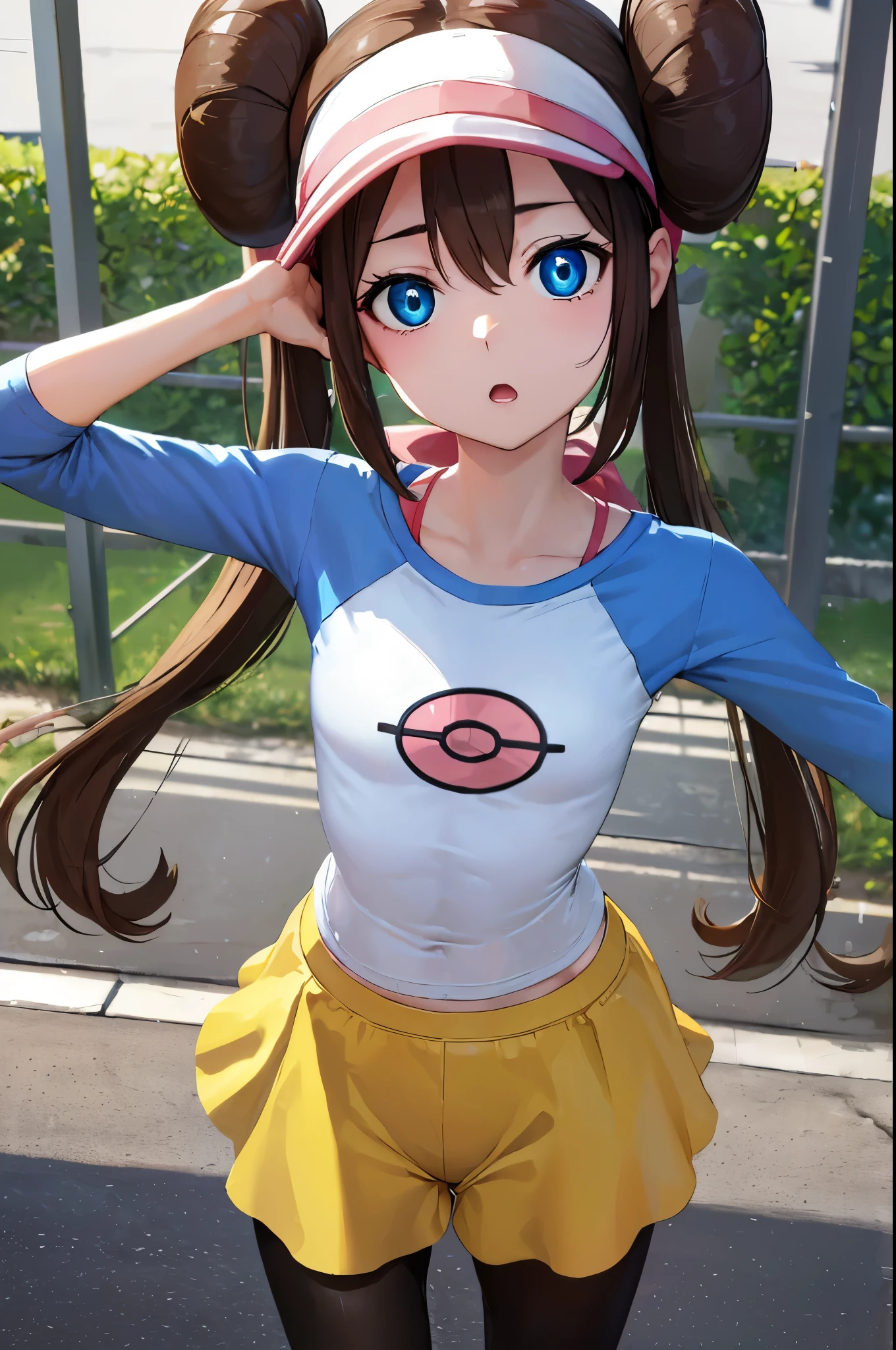 rosa, rosa, brown hair, double good, doughnut bun hair, bun hair, blue eyes, hair between eyes, twin tails, (small breasts:1.2), open your mouth,
break pantyhose, Pantyhose under shorts, raglan sleeves, skirt, yellow skirt, white shirt, blue sleeves, long sleeve, visor cap,
break looking at viewer, Upper body, whole body,
break outdoors,
break (masterpiece:1.2), highest quality, High resolution, unity 8k wallpaper, (figure:0.8), (detailed and beautiful eyes:1.6), highly detailed face, perfect lighting, Very detailed CG, (perfect hands, perfect anatomy),abs,muscle