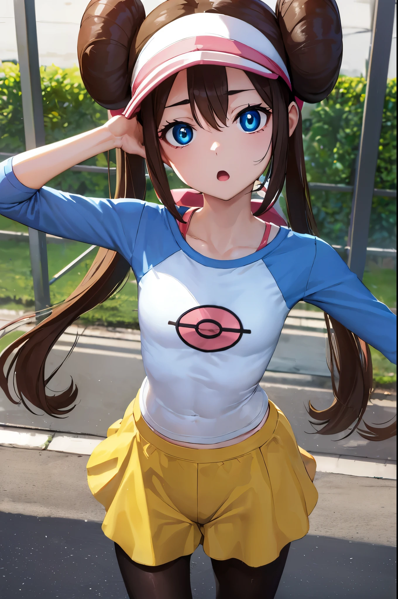 rosa, rosa, brown hair, double good, doughnut bun hair, bun hair, blue eyes, hair between eyes, twin tails, (small breasts:1.2), open your mouth,
break pantyhose, Pantyhose under shorts, raglan sleeves, skirt, yellow skirt, white shirt, blue sleeves, long sleeve, visor cap,
break looking at viewer, Upper body, whole body,
break outdoors,
break (masterpiece:1.2), highest quality, High resolution, unity 8k wallpaper, (figure:0.8), (detailed and beautiful eyes:1.6), highly detailed face, perfect lighting, Very detailed CG, (perfect hands, perfect anatomy),abs,muscle