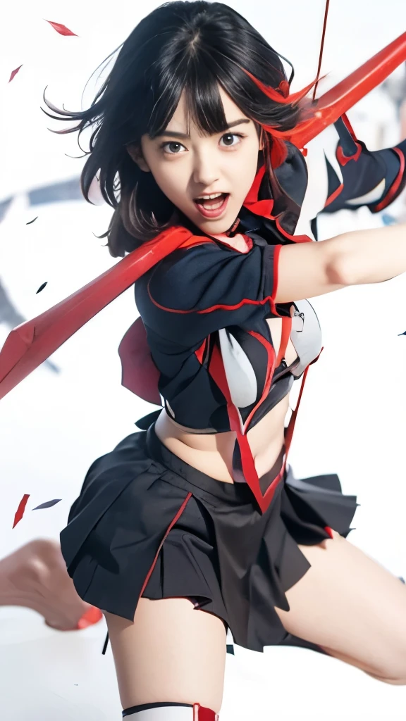 anime girl with a sword and a red bow in her hand, yandere, gapmoe yandere, attractive matoi ryuko, yandere. tall, ryuko matoi, gapmoe yandere grimdark, kill la kill illustration, kill la kill, anime girl with a bow and arrow, yandere intricate, kantai collection style, female action anime girl