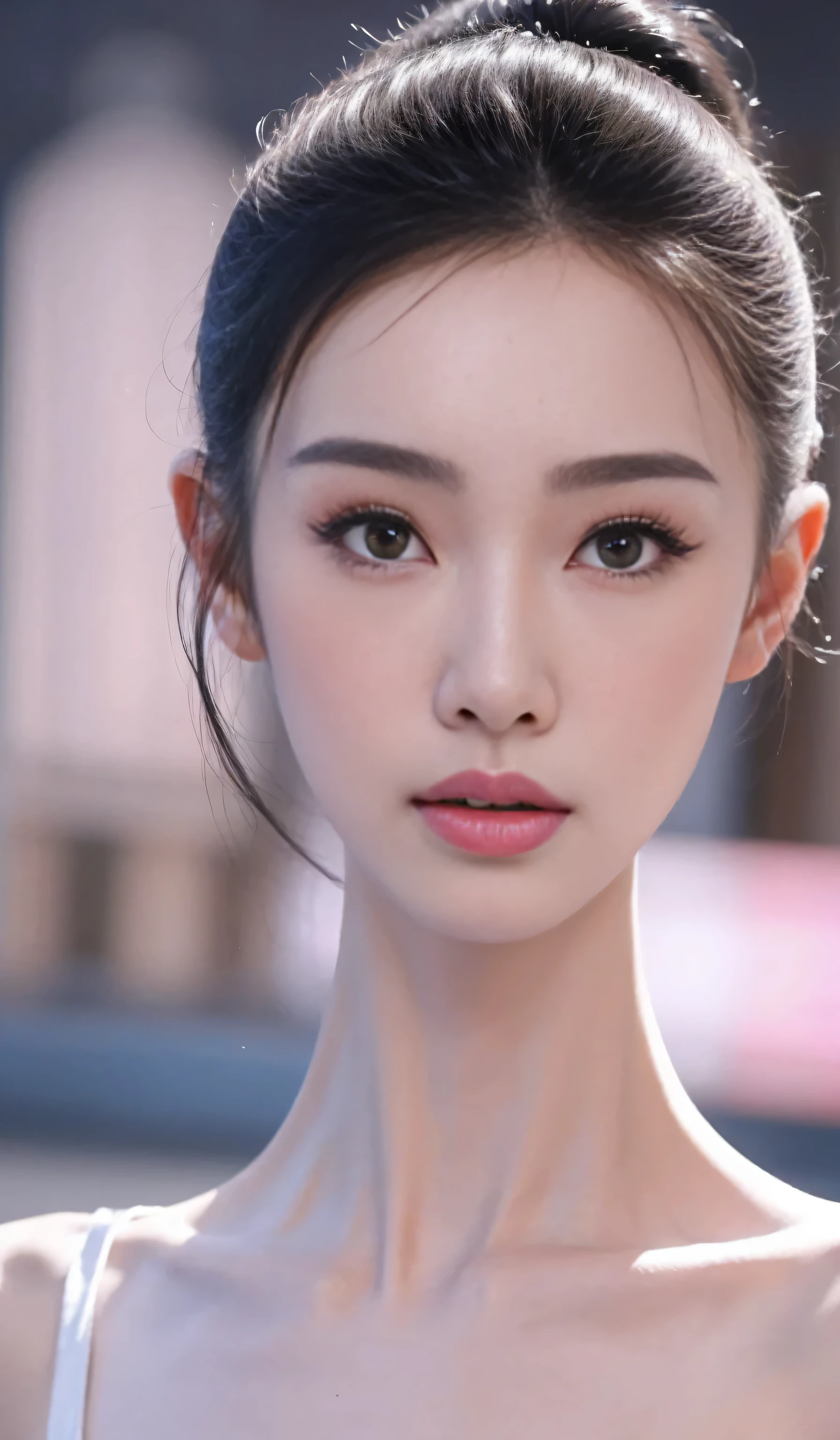 fashion model 18 years old [[[[face close-up]]]], [[[[]]]], [[[[rape]]]], perfect eyes, perfect iris，perfect lips，perfect teeth，Perfect skin，Has fair skin，long face，slender nose，女孩s face，((Chinese ballet dancer&#39;s face))，Keep your eyes on the camera，一张精致s face，take off shoulders，show your neck，Sexy，Slim，（face close-up:1.8），gray background，4K Ultra HD, ultra high resolution, (lifelike: 1.4), best quality，masterpiece，（pastel colors：1.2），（front view 1.8)
