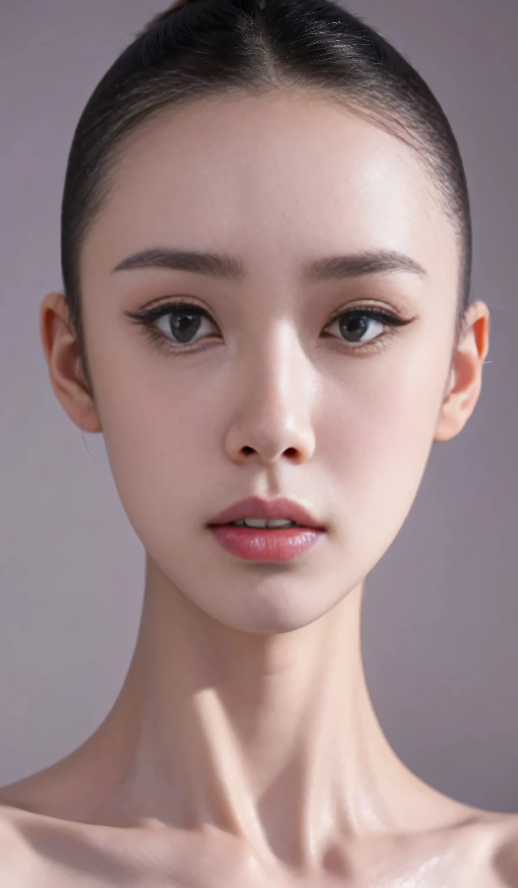 fashion model 18 years old [[[[face close-up]]]], [[[[]]]], [[[[rape]]]], perfect eyes, perfect iris，perfect lips，perfect teeth，Perfect skin，Has fair skin，long face，slender nose，女孩s face，((Chinese ballet dancer&#39;s face))，Keep your eyes on the camera，一张精致s face，take off shoulders，show your neck，Sexy，Slim，（face close-up:1.8），gray background，4K Ultra HD, ultra high resolution, (lifelike: 1.4), best quality，masterpiece，（pastel colors：1.2），（front view 1.8)