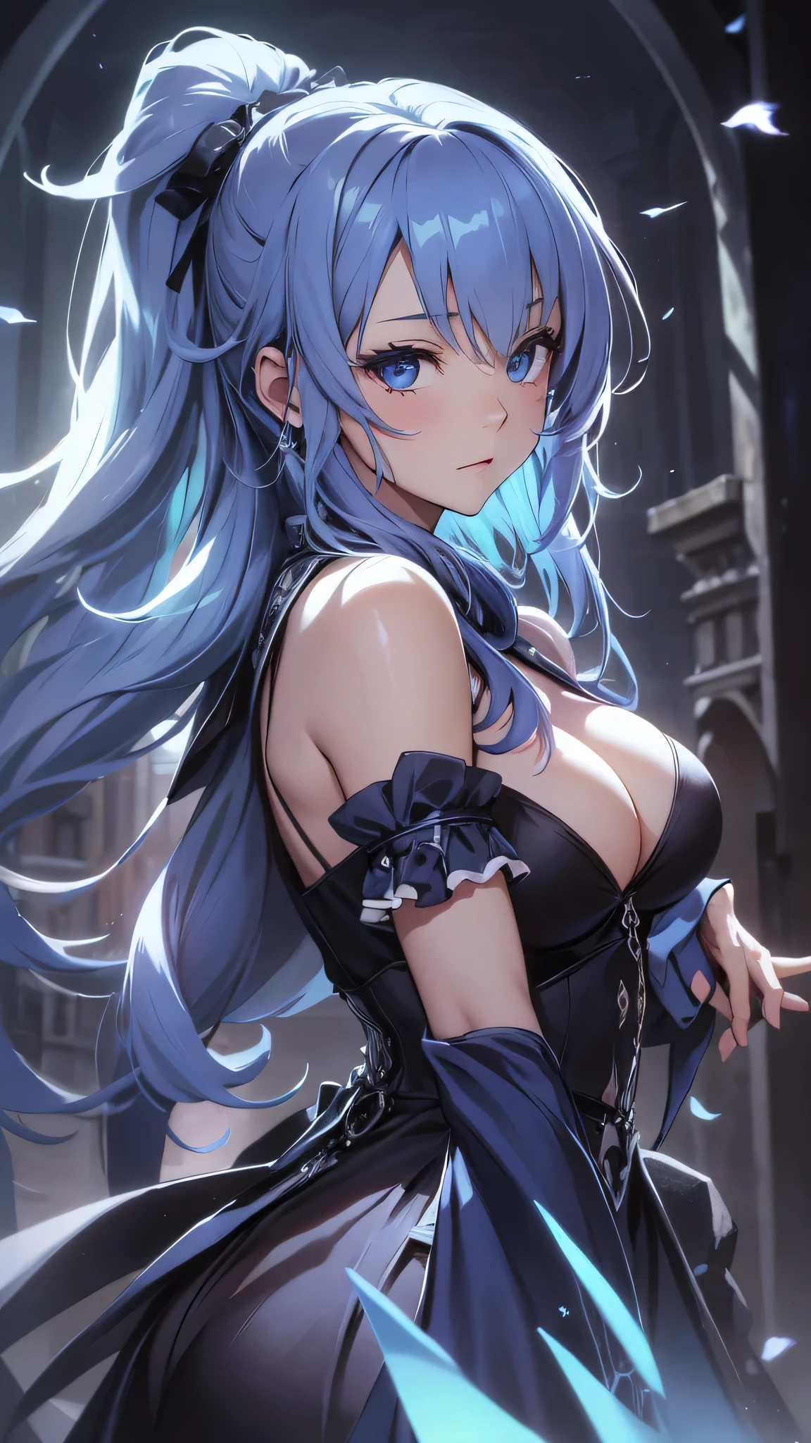 最high quality、best image quality、masterpiece、girl((20-year-old、 By becoming、vest bust、medium bust,wide open breast tea、shining eyes, light blue hair、long hair、thin,highest valley、ponytail、action of looking up、bandage、black dress、long skirt、Rear view、emphasize the buttocks,surprised face、use magic)),high quality、beautiful art、background((Gorgeous castle、beautiful atmosphere))、Flight、debris flies、Depth of written boundary、movie、visual art、perfect art、8k,genuine、