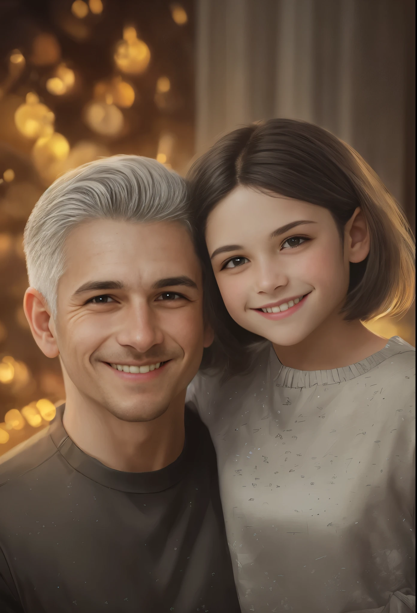 A high resolution, portrait, boy and girl with dark hair, 8 years, 28 years, light gray hair, short haircut, Yellow eyes, smile, crown, portrait, Ballroom in the background, realism, fantasy