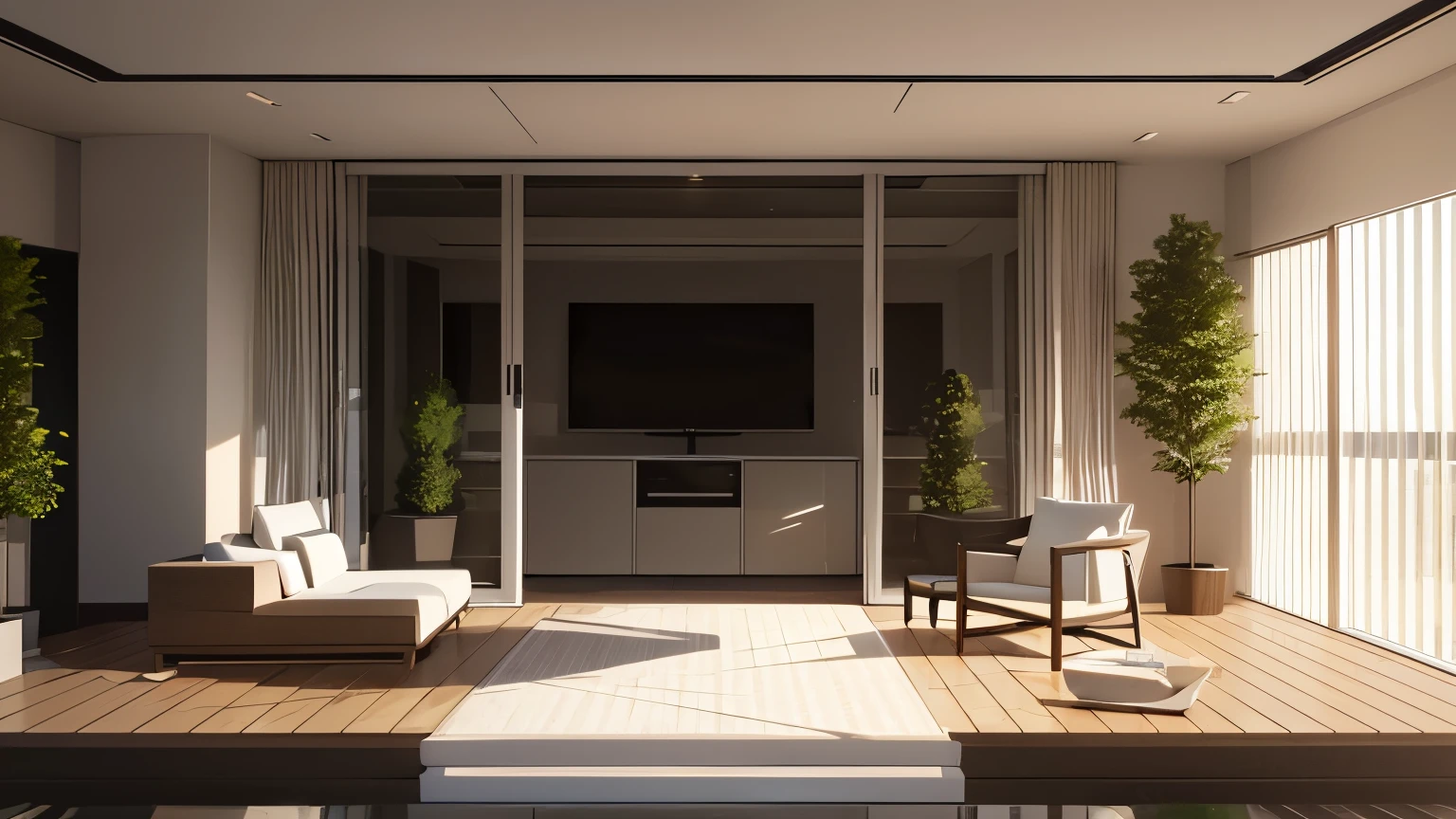 you are a famous interior designer、I was asked to create a 3D image of a large modern room.。. Create a harmonious environment with modern and minimalist furniture. Including garden interior.