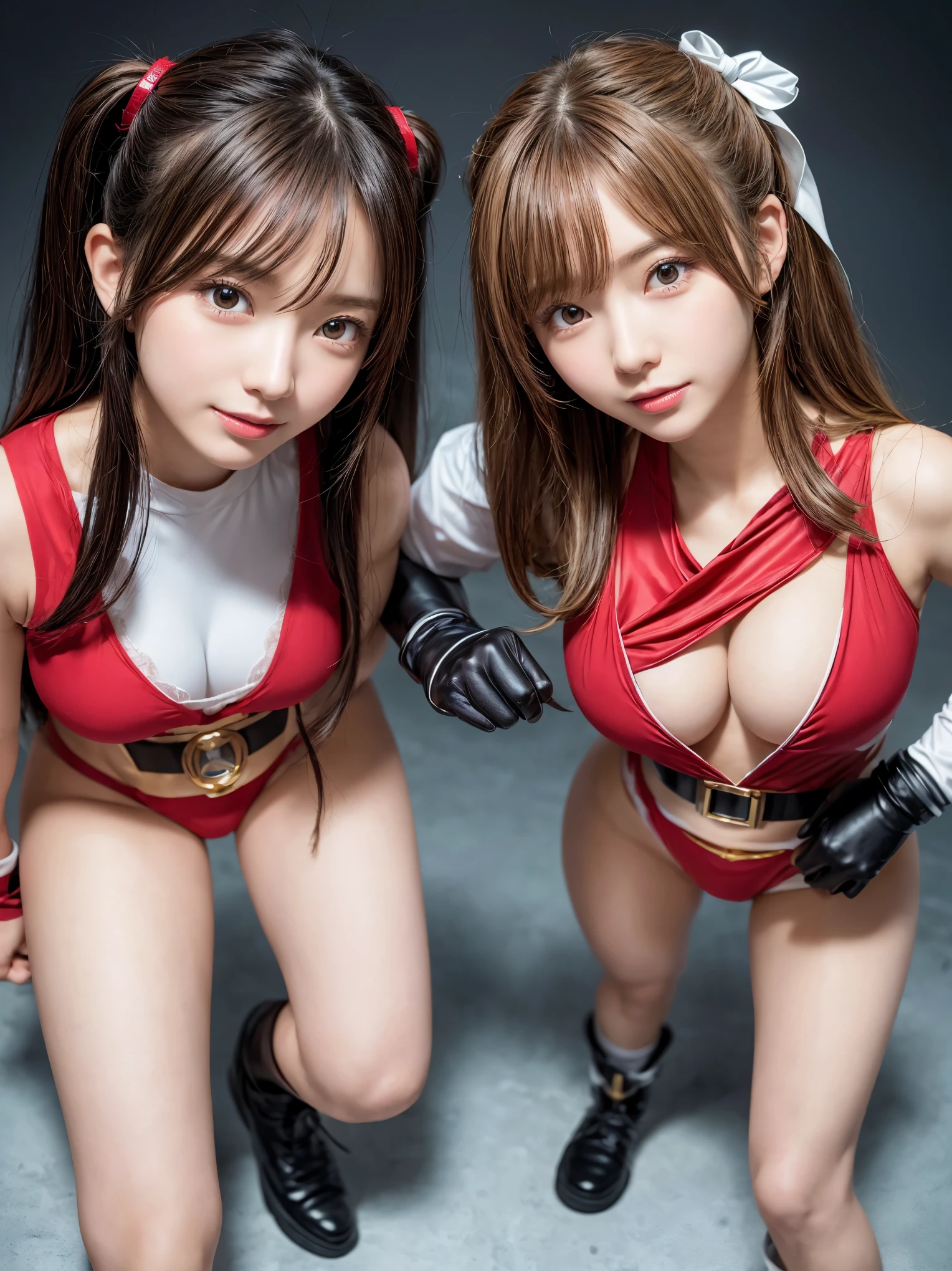 ((masterpiece)), ((highest quality)), (Super detailed), ((very detailed)), 4k, (8k), highest quality, (beautiful), shape, anime style, hyper realistic, realistic, dynamic angle, (((cfull body))), thick outline, clear outline, (two girls, two cute girls:1.5), (The costume of the squadron heroine:1.3), action stage, beautiful light brown hair, beautiful brown eyes, ((beautiful eyes)), (super cute face:1.3), short hair, big breasts, light smile, (Sentai heroine action pose:1.5)