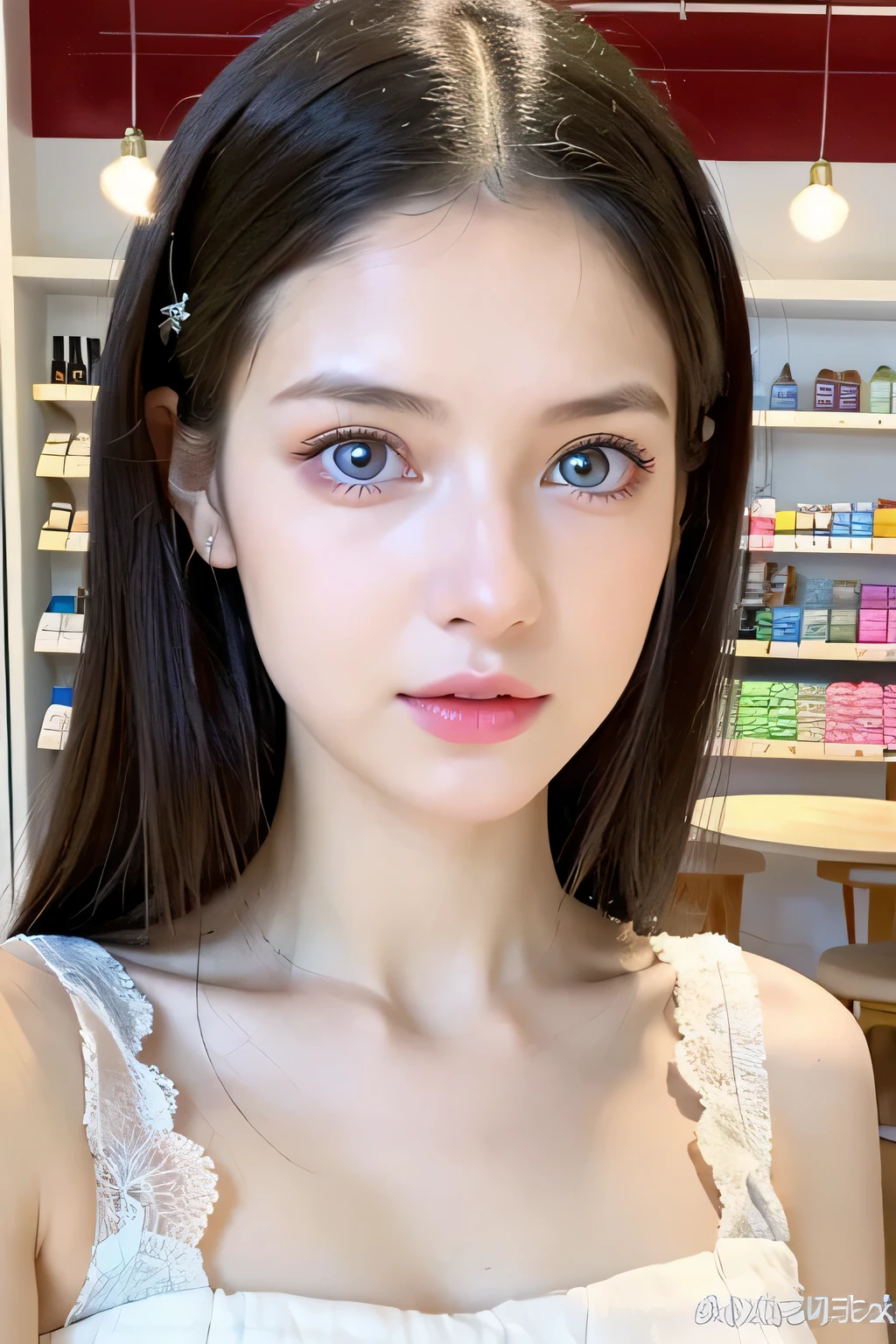 ８ｋ、High resolution、Kanban Lady、beautiful girl、lace costume、young、white skin,、narrow eyes,high nose,lighting that illuminates the face、clear image、intellectual beauty、skinny、no makeup、anxious look、lighting that illuminates the face,shining hair、single eyelid,blue eyes、at shop、vivid pose