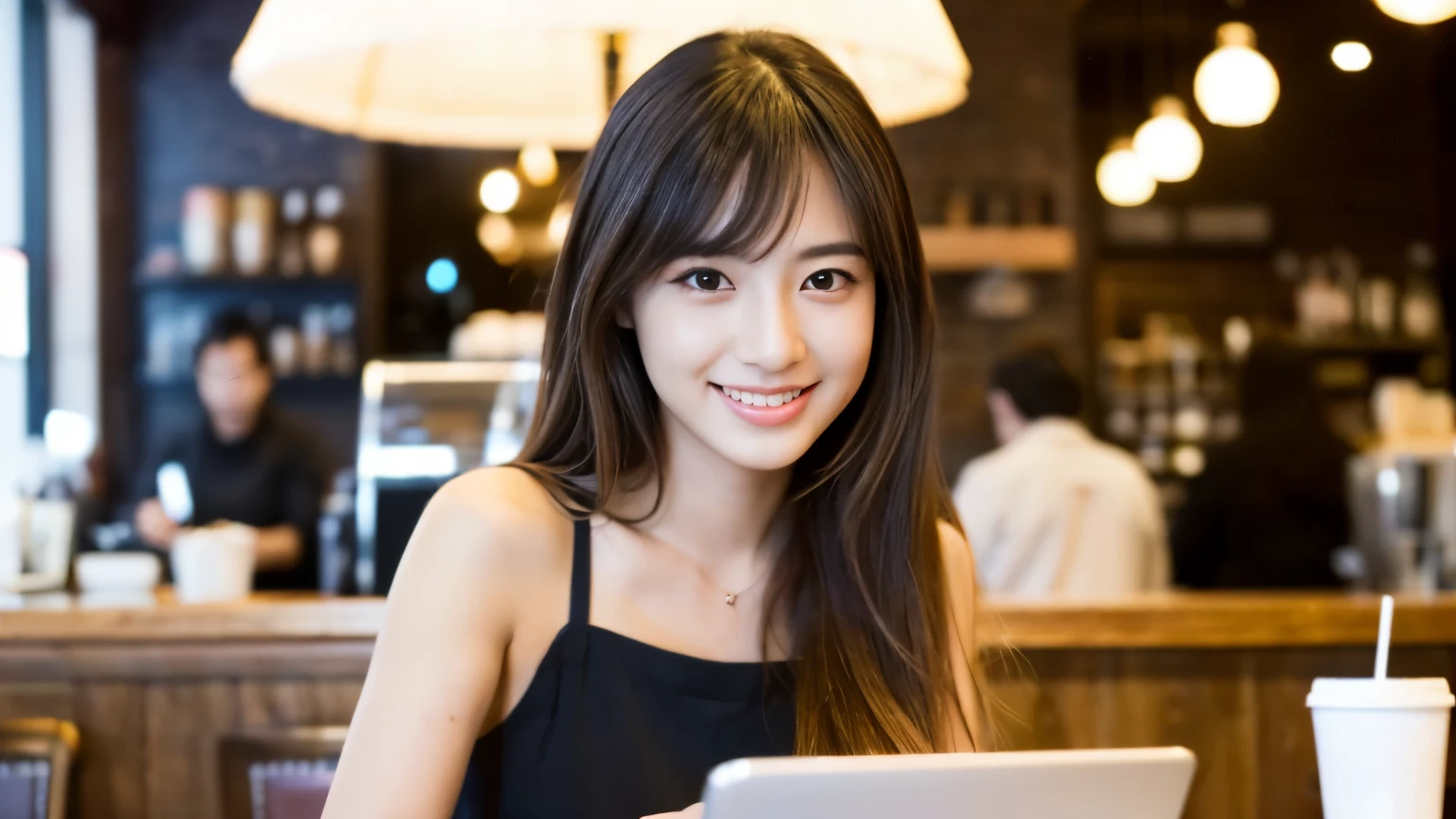 ((最high quality, 8k, masterpiece: 1.3)), perfect face,Inside a stylish cafe in New York、A scene in which a beautiful model-like woman with big breasts is drinking a latte and studying on a laptop.,All around you, you can see other customers enjoying their time.。At the back of the cafe、The staff are busy working at the counter.、You can feel the liveliness and stylish luxury that is typical of a city cafe., sharp focus, 1 girl, Sexy 1.2, , (big: 1.5), fine eyes, Beautiful eyes with long slits, double eyelid, (cat face), (cute Face), cute Smile, (close your mouth), (cute), soft skin, Show the whole body, surreal, super detailed, high quality, (Beautiful female college student studying in a cafe), ((詳細な非常にcute女子大生)), ((胸は隠れているけど服の上から解るぐらいbig胸))