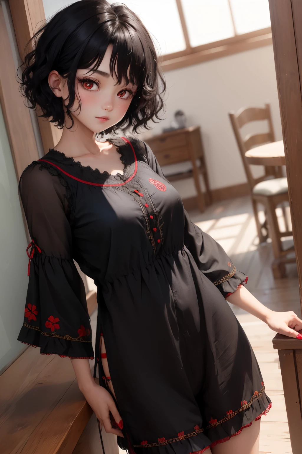 Cute girl, short black hair, Curly hair ,beautiful embroidered clothes, red eyes, 