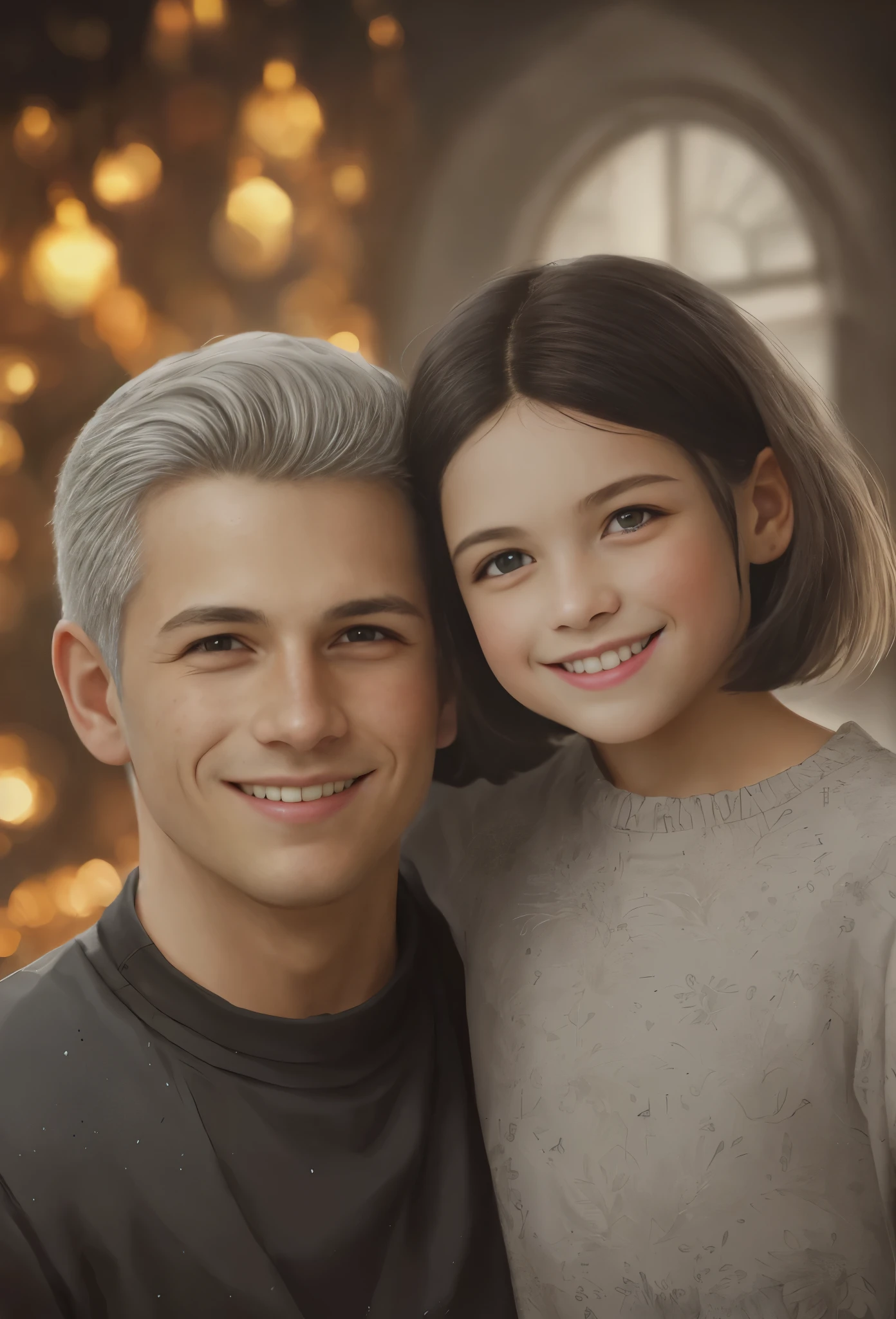 A high resolution, portrait, boy and girl with dark hair, 8 years, 28 years, light gray hair, short haircut, Yellow eyes, smile, crown, portrait, Ballroom in the background, realism, fantasy
