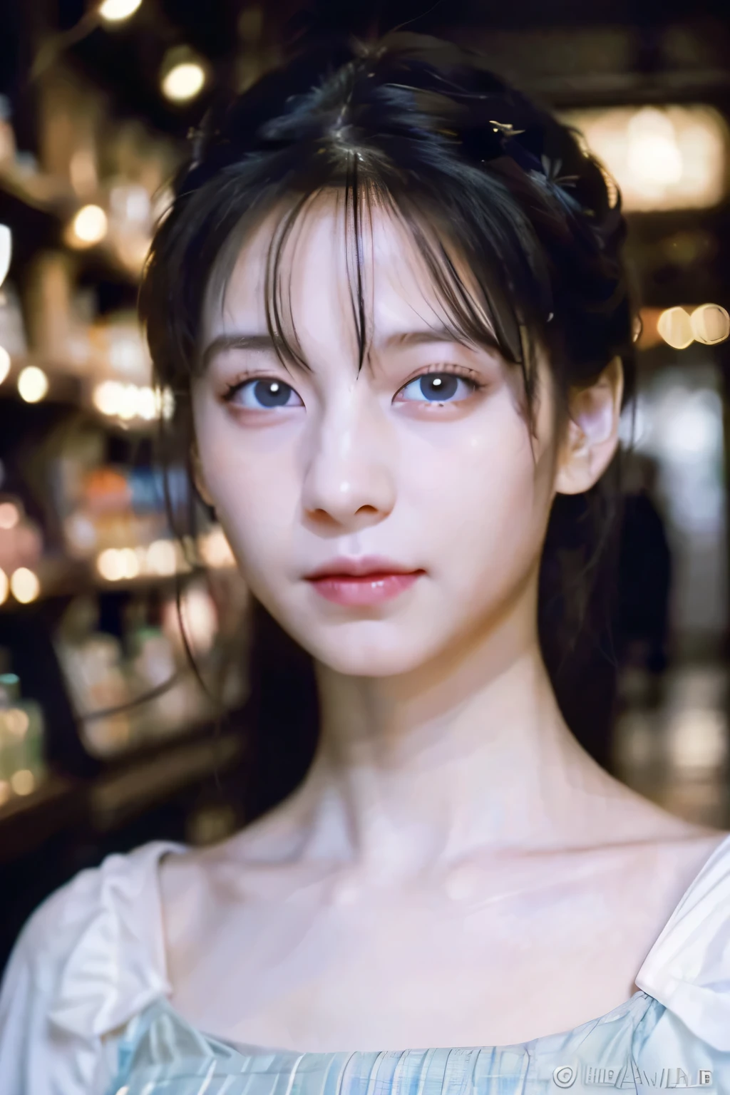 ８ｋ、High resolution、Kanban Lady、beautiful girl、gothic costume、young、white skin,、narrow eyes,high nose,lighting that illuminates the face、clear image、intellectual beauty、skinny、no makeup、anxious look、lighting that illuminates the face,shining hair、single eyelid,blue eyes、at shop、vivid pose