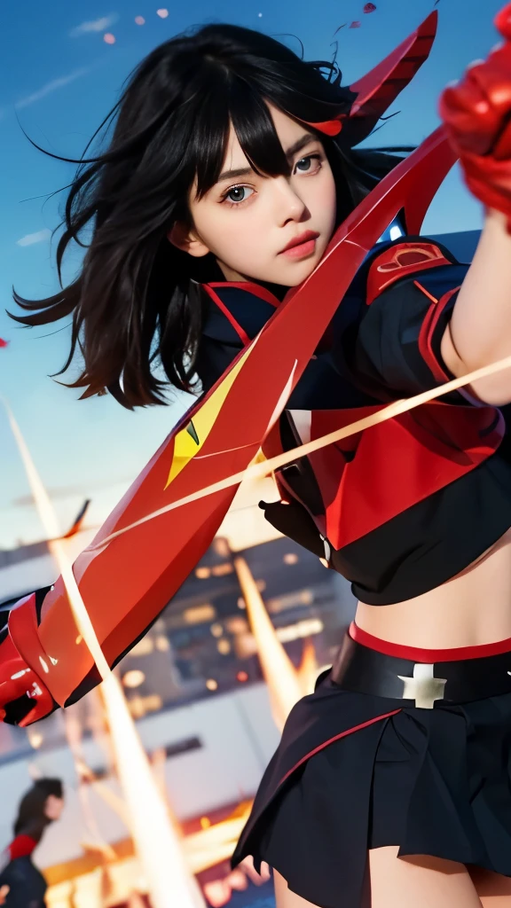 anime girl with sword in hand and a red glove on her arm, ryuko matoi, attractive matoi ryuko, anime style like fate/stay night, kill la kill illustration, epic anime style, kill la kill, anime moe artstyle, anime in fantasy style, gapmoe yandere grimdark, anime key art, avatar image, female action anime girl