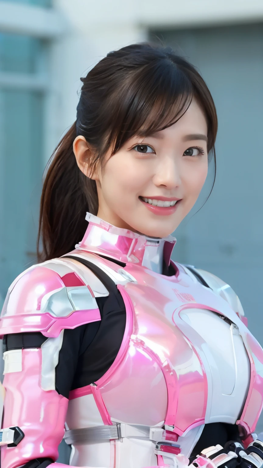 NSFW、(super highest quality、In 8K、Masseter muscle part、delicate illustrations、Full body Esbian),(She wears a shiny pink and white futuristic combat suit.:1.5)、A beautiful and bewitching Japanese 27-year-old woman、plump body、big breasts、black hair ponytail、大きなsmile、No sleeve、beach、smile