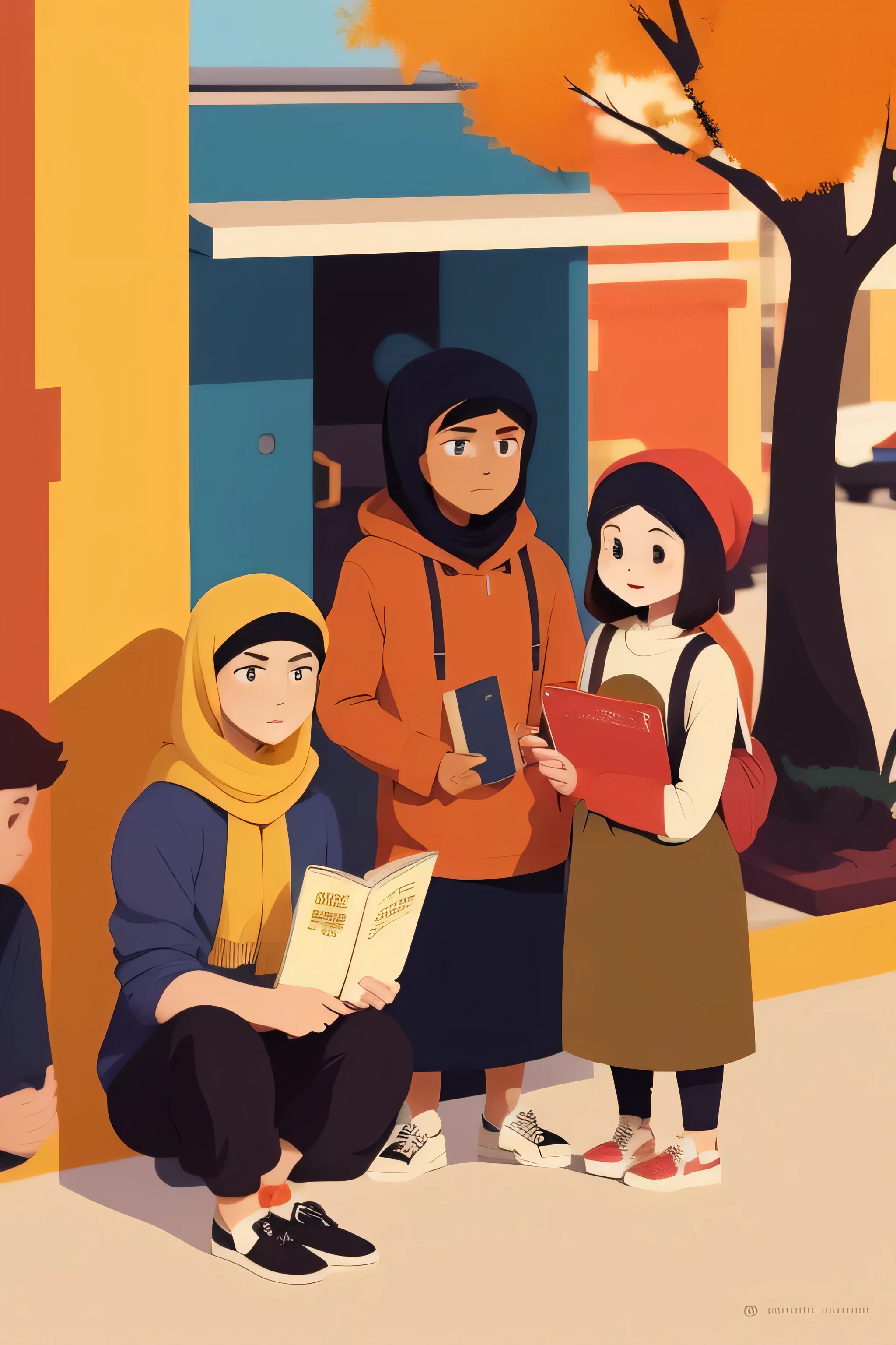 muslims, Best image quality，Masterpiece，8k resolution，Girl holding a book in her arms，Three anime college students，Chat face-to-face，Keith Haring style，Color blocking，geomerty，Minimalist，Collage，Illustration design，Autumn scene，maple leaves，CasualClothing，Refined face。