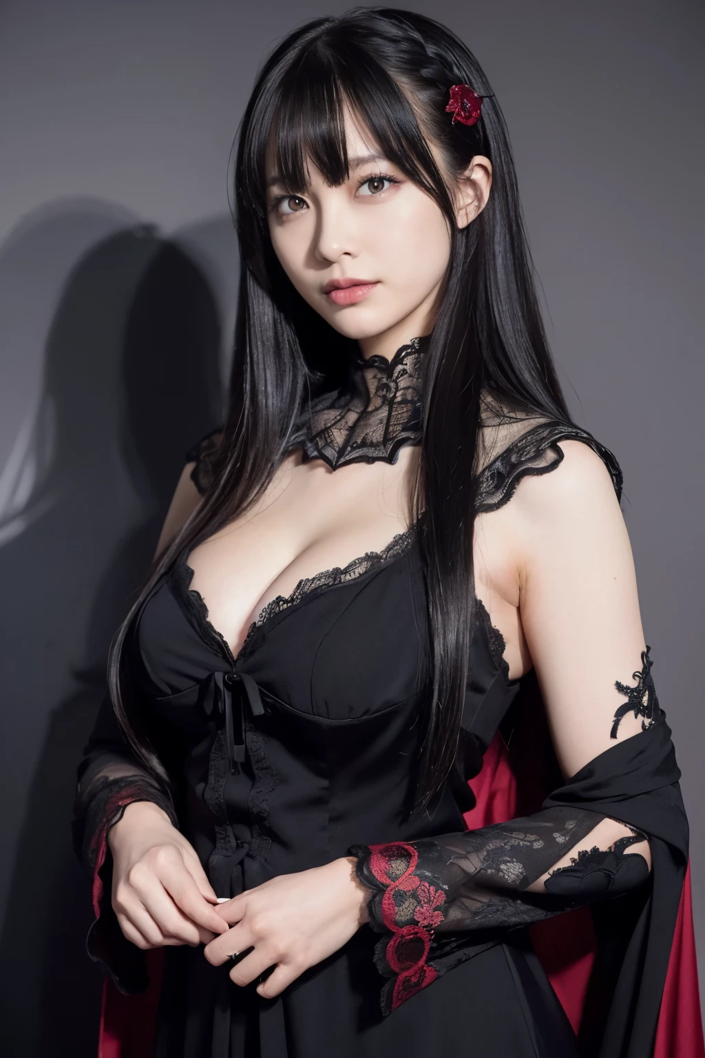 absurderes, masutepiece, Best Quality, nffsw, 1girl in, Mature Woman, (Sharp Focus), Villain's smile, medium breasts, (Hair on long black background), (grey eyes), (Detailed eyes), Gothic lace costumes, Black and Red theme, Realism, Black_castle, Ultra-detailed, Vivid, Intricate details, Photorealistic