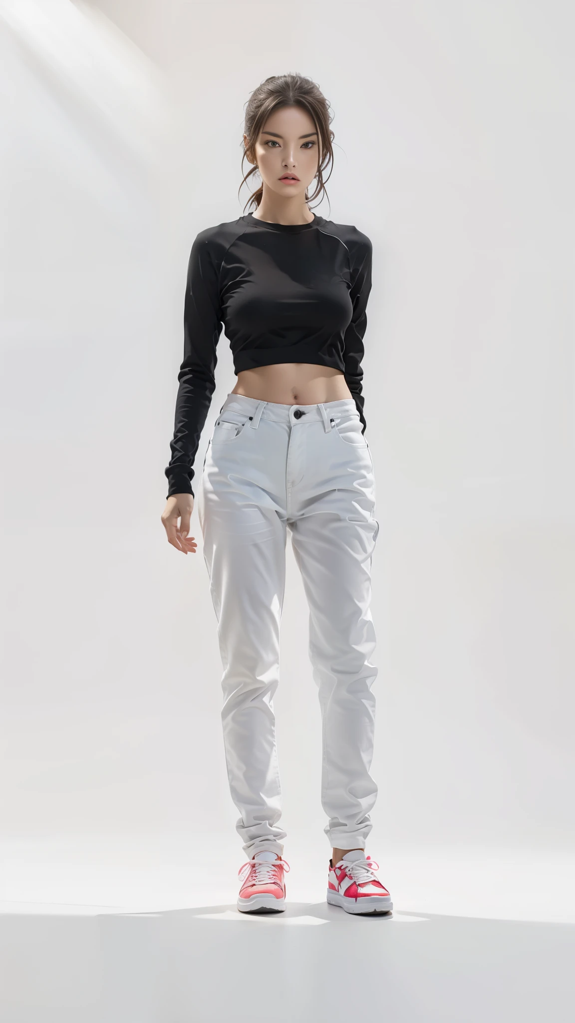 16K, Masterpiece, photorealism, A girl walks to her full height, a girl with dark long hair, a girl dressed in a white top, light jeans, white sneakers, white background,