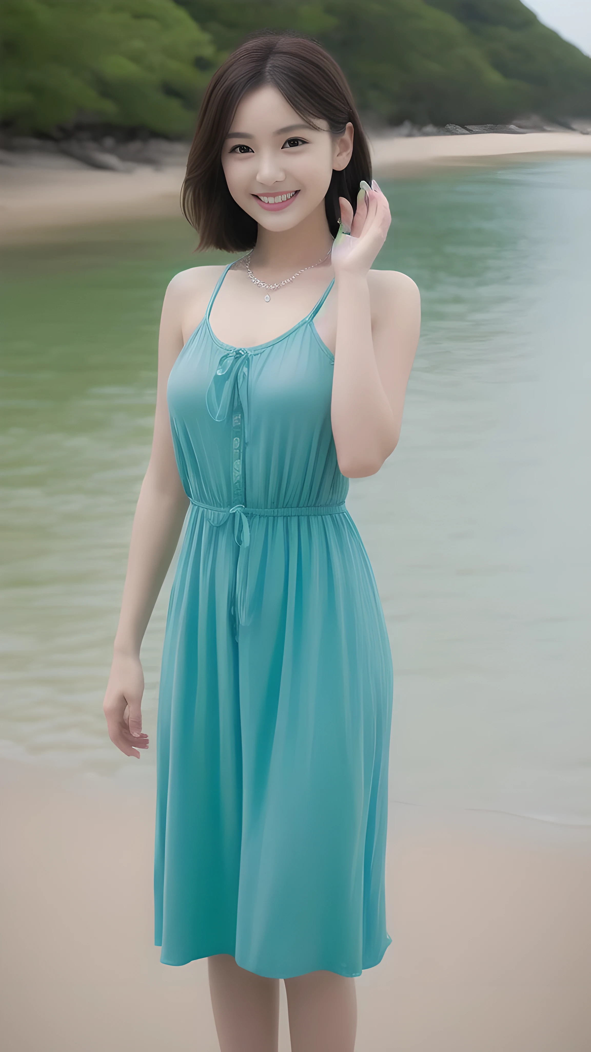Arafed asian woman in a blue dress standing on a beach - SeaArt AI