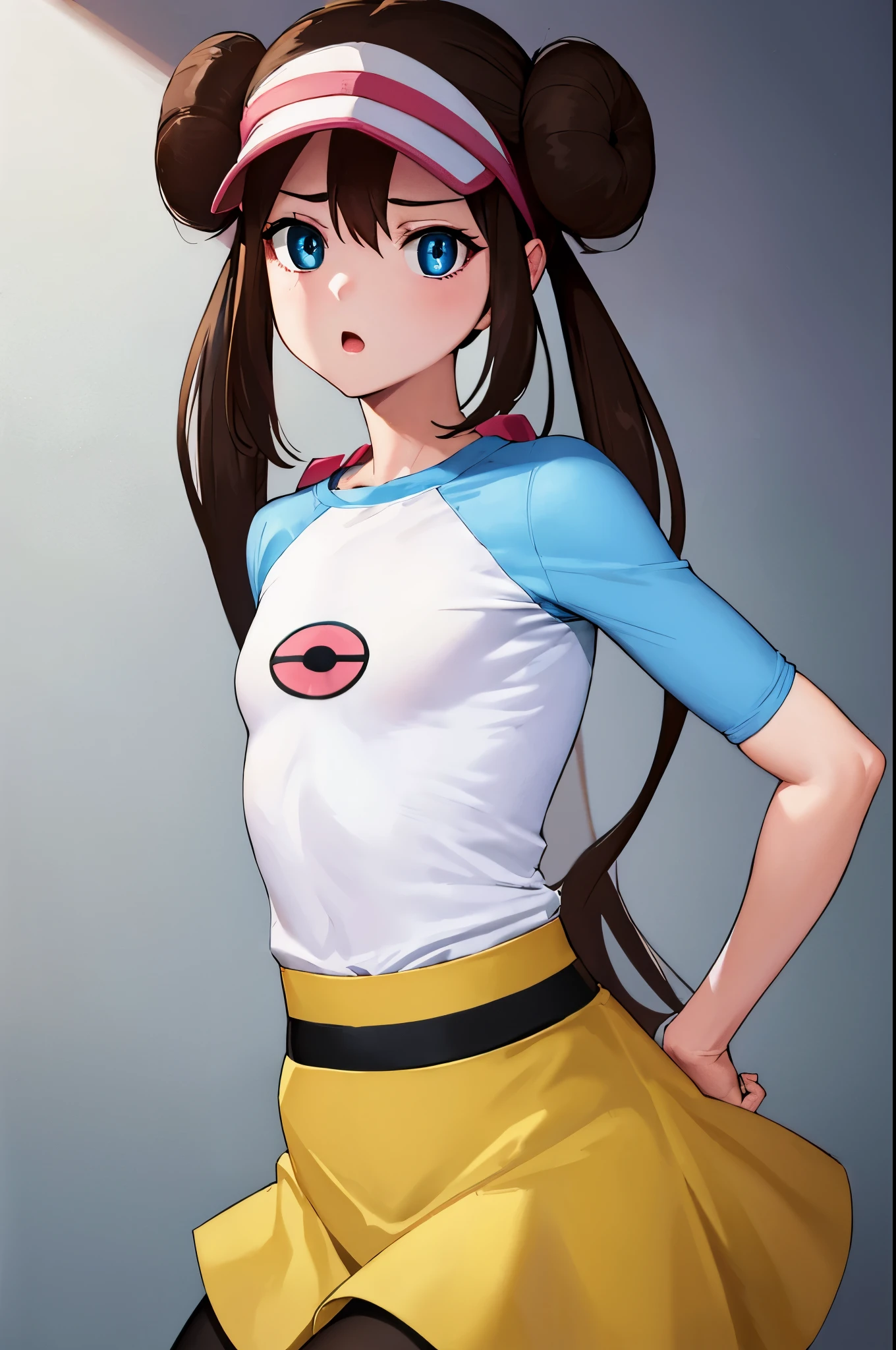 rosa, rosa, brown hair, double good, doughnut bun hair, bun hair, blue eyes, hair between eyes, twin tails, (small breasts:1.2), open your mouth,
break pantyhose, Pantyhose under shorts, raglan sleeves, skirt, yellow skirt, white shirt, blue sleeves, long sleeve, visor cap,
break looking at viewer, Upper body, whole body,
break outdoors,
break (masterpiece:1.2), highest quality, High resolution, unity 8k wallpaper, (figure:0.8), (detailed and beautiful eyes:1.6), highly detailed face, perfect lighting, Very detailed CG, (perfect hands, perfect anatomy),abs,muscle