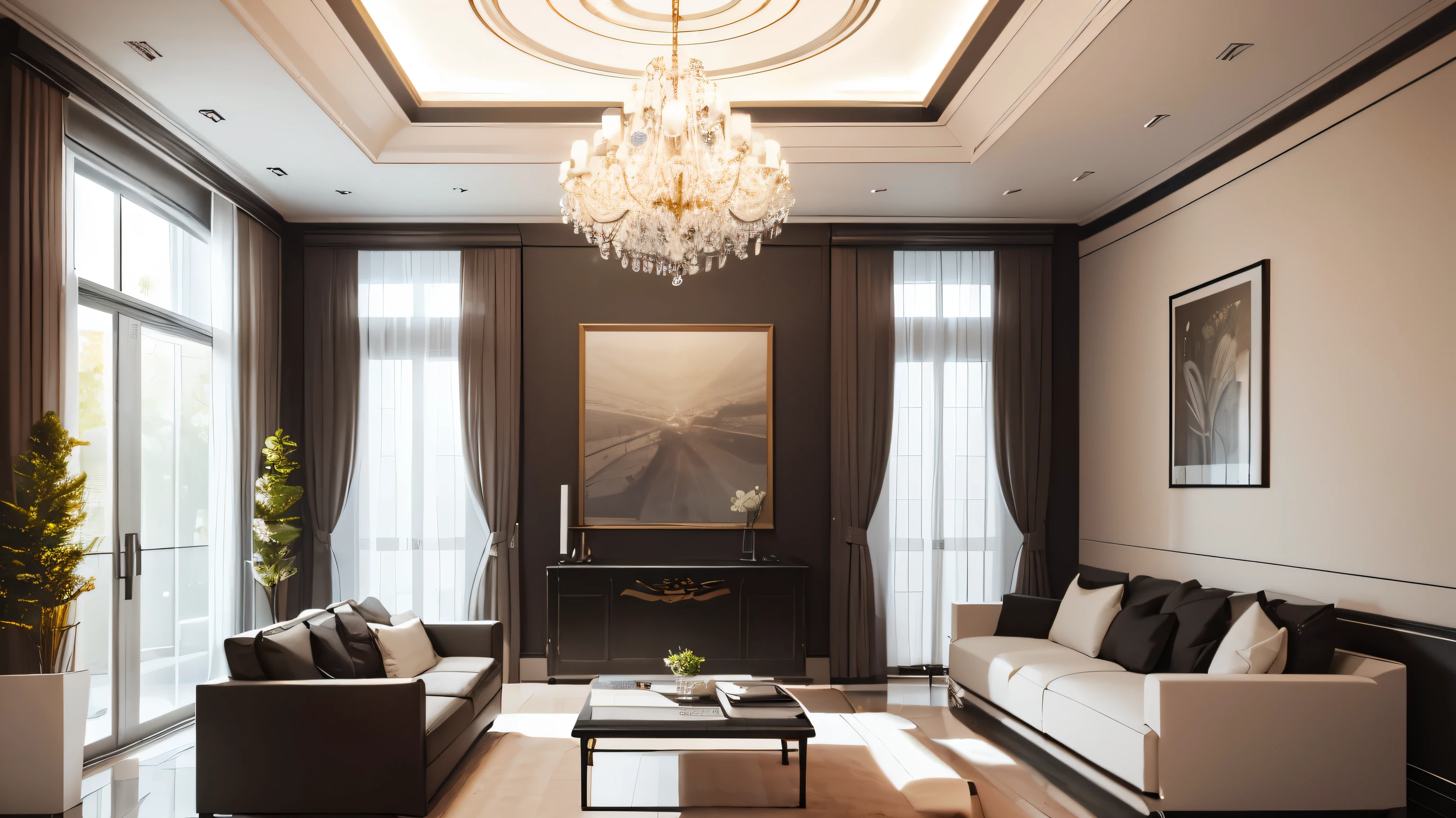 you are a famous interior designer、I was asked to create a 3D image of a large modern room.。. Create a harmonious environment with modern and minimalist furniture. Including garden interior.