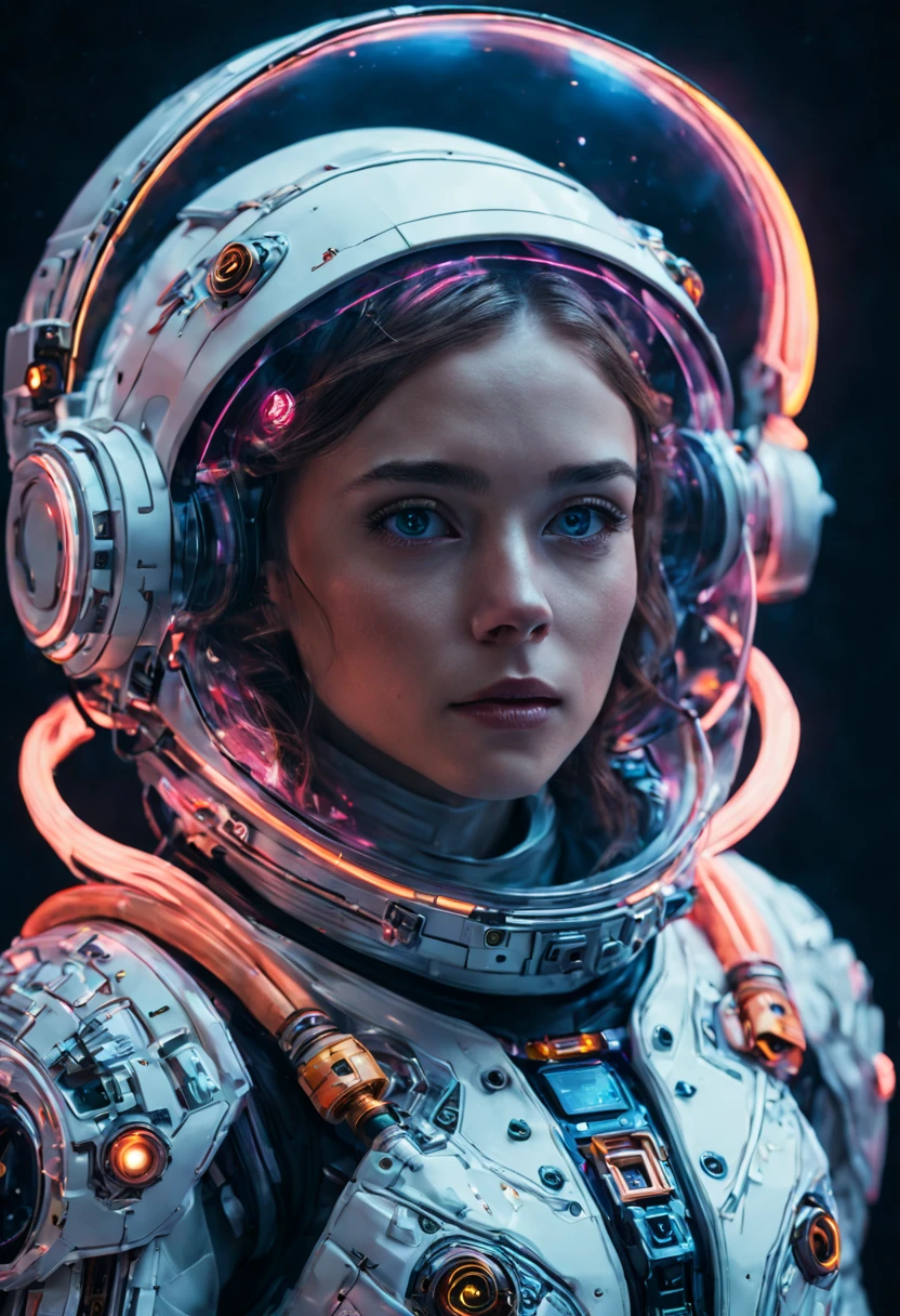 A stunning portrait of a futuristic astronaut, their suit adorned with intricate circuitry and glowing neon lights, in middle of space