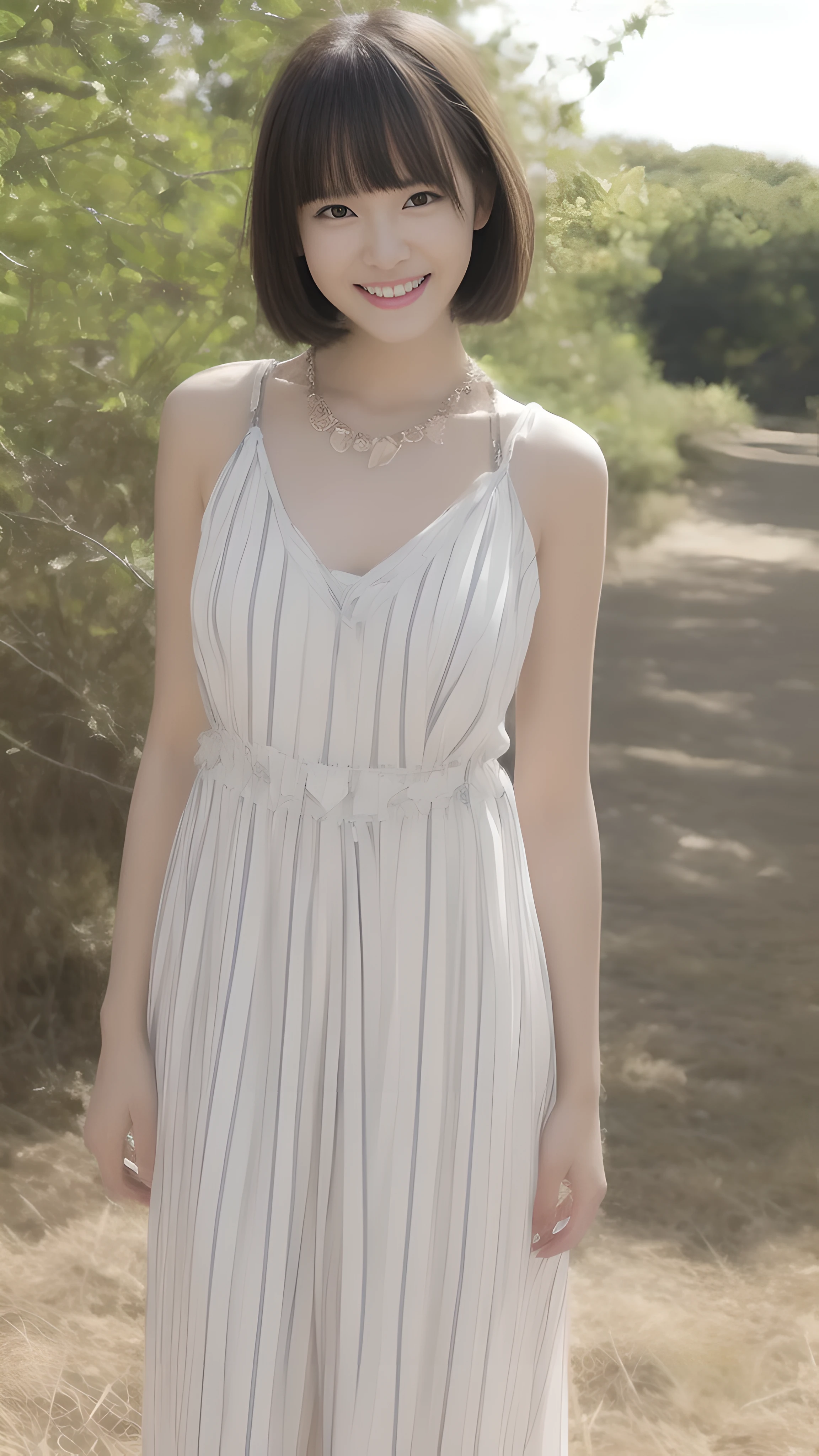 hostess'face、spring clothes, long dress, high quality、surreal、healthy、笑face、Slender perfect figure、beauty of japan、 necklace、perfect eyes beautiful skin、Upper body、best beaches, very thin waist,