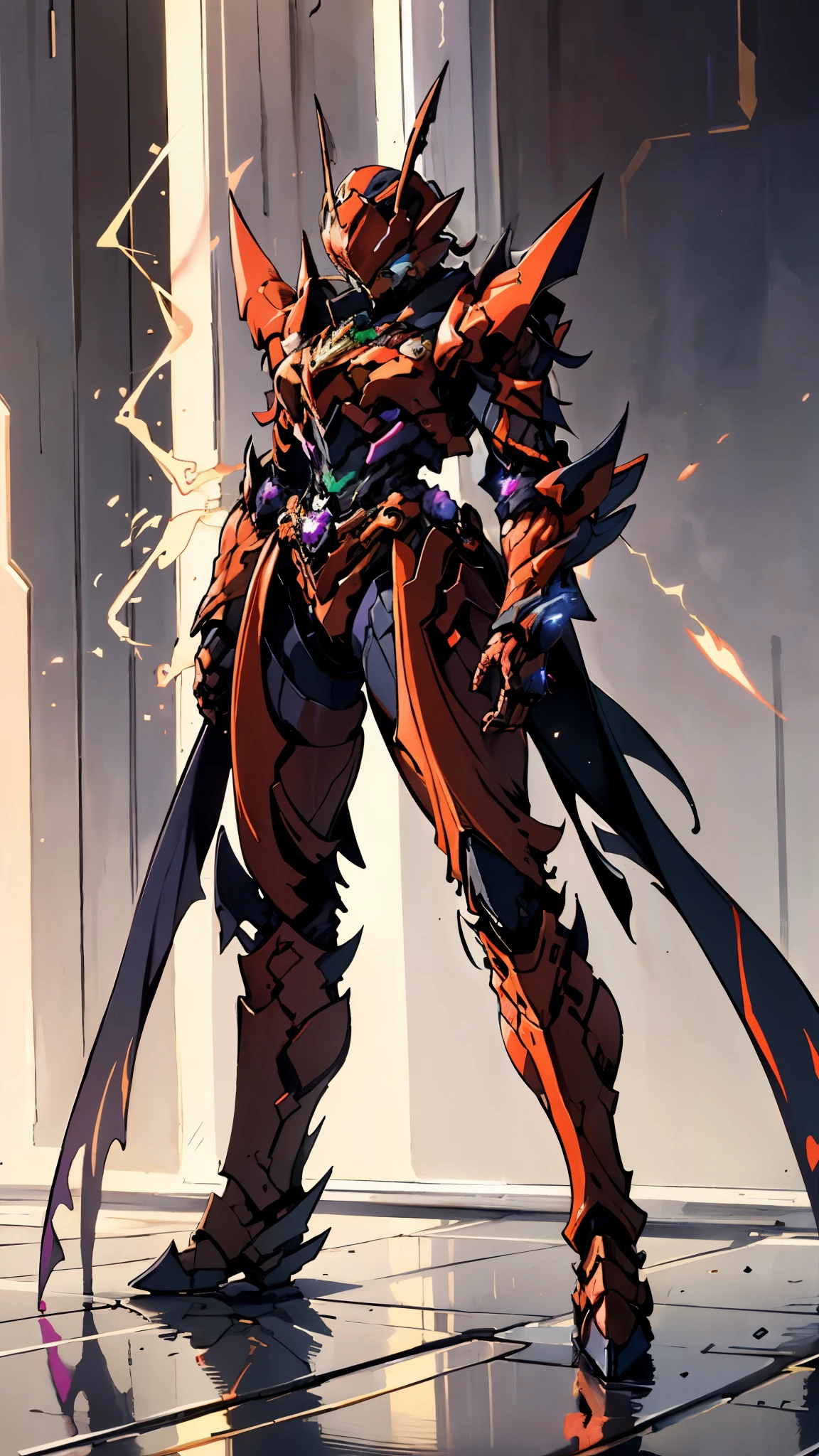 A woman adorned in fantasy-style full-body armor, a crown-concept fully enclosed helmet that unveils only her eyes, a composite layered chest plate, fully encompassing shoulder and hand guards, a lightweight waist armor, form-fitting shin guards, the overall design is heavy-duty yet flexible, ((the armor gleams with a golden glow, complemented by red and blue accents)), exhibiting a noble aura, she floats above a fantasy-surreal high-tech city, this character embodies a finely crafted fantasy-surreal style armored hero in anime style, exquisite and mature manga art style, (Queen bee mixed with Spider concept Armor, plasma, blood), ((Element, energy, elegant, goddess, femminine:1.5)), metallic, high definition, best quality, highres, ultra-detailed, ultra-fine painting, extremely delicate, professional, anatomically correct, symmetrical face, extremely detailed eyes and face, high quality eyes, creativity, RAW photo, UHD, 32k, Natural light, cinematic lighting, masterpiece-anatomy-perfect, masterpiece:1.5