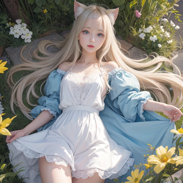 bright look、photorealism、highest quality、ultra high resolution、photograph、絶妙に美しい北欧生まれの女の子のphotograph、extraordinary beautiful girl、Detailed cute and beautiful face、(Pure Eros Face_v1:0.008)、beautiful bangs、alice in wonderland、18-year-old、glowing white shiny skin、Flow of hair that extends to the face、bangs between the eyes、super long hair、Charming light and dark platinum blonde super long straight silky hair、thin hair、Charming shining beautiful bright clear light blue big eyes、white apron、yellow dress、eyeliner、double eyelids、rich bust、two girls、cat ears、Laughter、short skirt、white lace underskirt、pink panties、