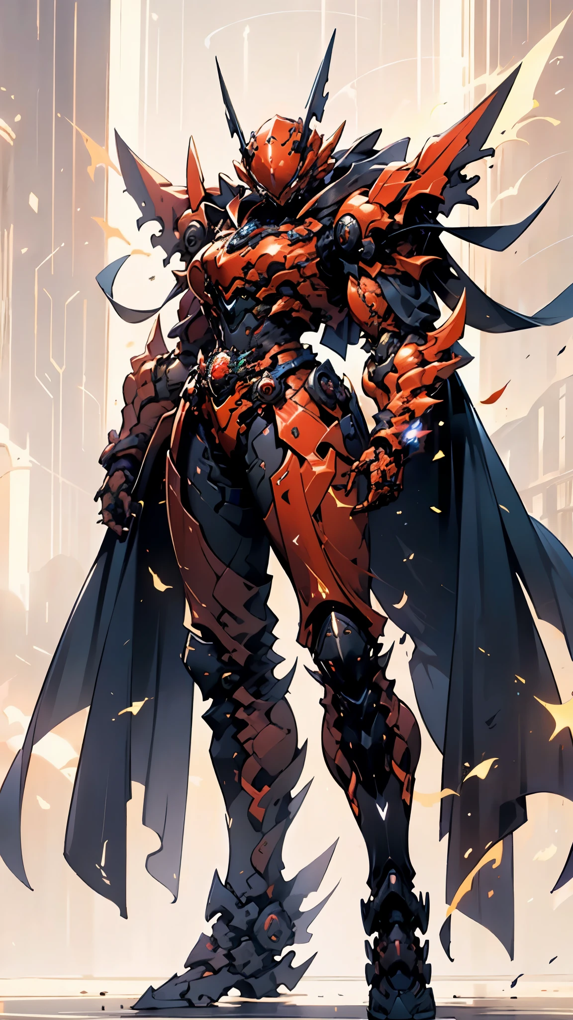 A woman adorned in fantasy-style full-body armor, a crown-concept fully enclosed helmet that unveils only her eyes, a composite layered chest plate, fully encompassing shoulder and hand guards, a lightweight waist armor, form-fitting shin guards, the overall design is heavy-duty yet flexible, ((the armor gleams with a golden glow, complemented by red and blue accents)), exhibiting a noble aura, she floats above a fantasy-surreal high-tech city, this character embodies a finely crafted fantasy-surreal style armored hero in anime style, exquisite and mature manga art style, (Queen bee mixed with Spider concept Armor, plasma, blood), ((Element, energy, elegant, goddess, femminine:1.5)), metallic, high definition, best quality, highres, ultra-detailed, ultra-fine painting, extremely delicate, professional, anatomically correct, symmetrical face, extremely detailed eyes and face, high quality eyes, creativity, RAW photo, UHD, 32k, Natural light, cinematic lighting, masterpiece-anatomy-perfect, masterpiece:1.5