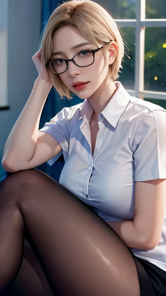 sweet expression, Lying, white glasses, short hair, (8k, RAW photo, realistic:1.25) ,( lip gloss, eyelash, shiny face, shiny skin, highest quality, ultra high resolution , Depth of the bounds written, chromatic aberration, caustics, wide light, natural shadow, K-POPアイドル) Gazing at the viewer with a calm and goddess-like blissful expression, whole body, big breasts, black stockings, white shirt, secretary、smile、(full shot:1.8)