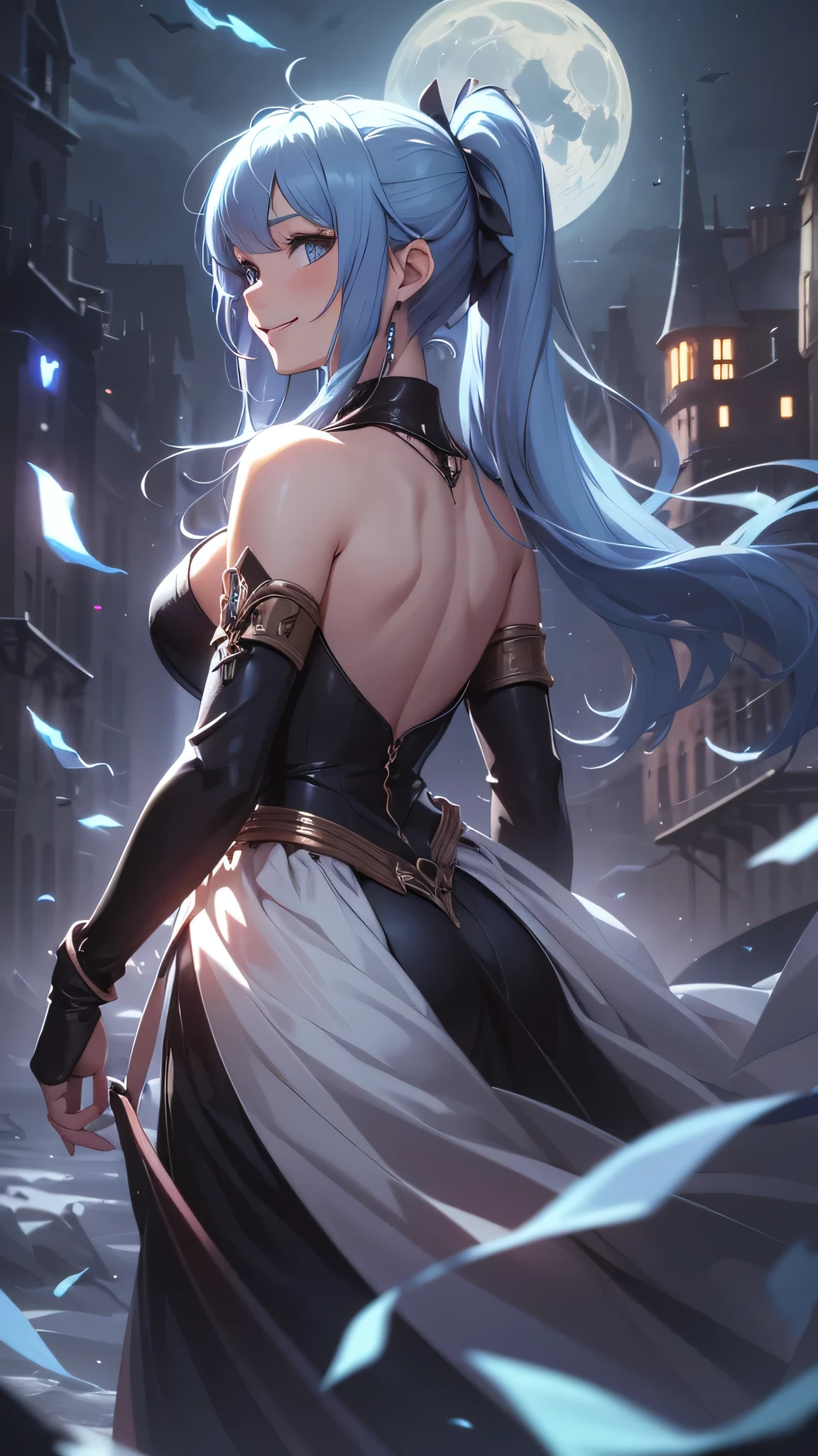 最high quality、best image quality、masterpiece、girl((20-year-old、 By becoming、vest bust、medium bust,wide open breast tea、shining eyes, light blue hair、long hair、thin,highest valley、ponytail、action of looking up、bandage、black dress、long skirt、Rear view、emphasize the buttocks,smile、use magic)),high quality、beautiful art、background((Gorgeous castle、beautiful atmosphere、full moon))、Flight、debris flies、Depth of written boundary、movie、visual art、perfect art、8k,genuine、