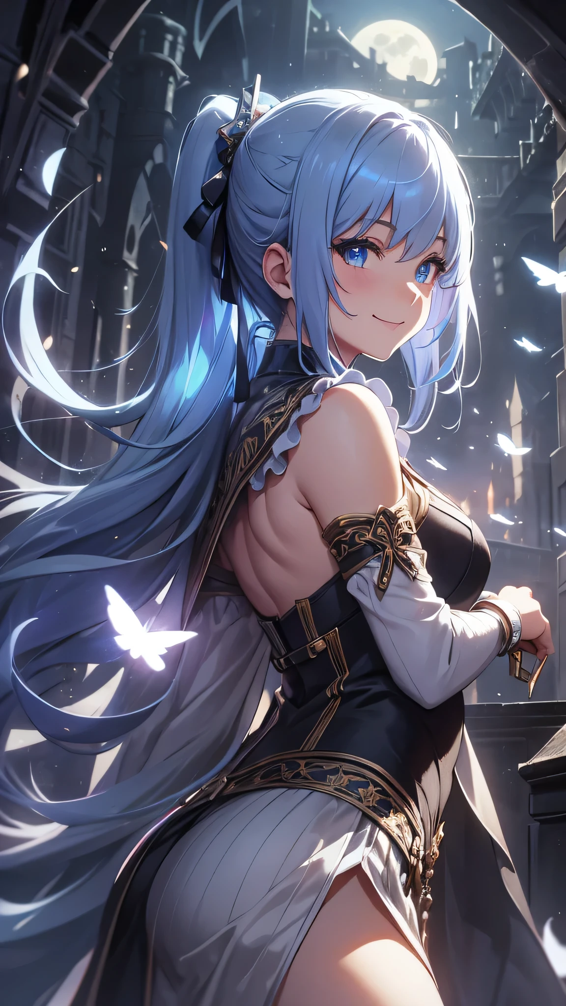 最high quality、best image quality、masterpiece、girl((20-year-old、 By becoming、vest bust、medium bust,wide open breast tea、shining eyes, light blue hair、long hair、thin,highest valley、ponytail、action of looking up、bandage、black dress、long skirt、Rear view、emphasize the buttocks,smile、use magic)),high quality、beautiful art、background((Gorgeous castle、beautiful atmosphere、full moon))、Flight、debris flies、Depth of written boundary、movie、visual art、perfect art、8k,genuine、