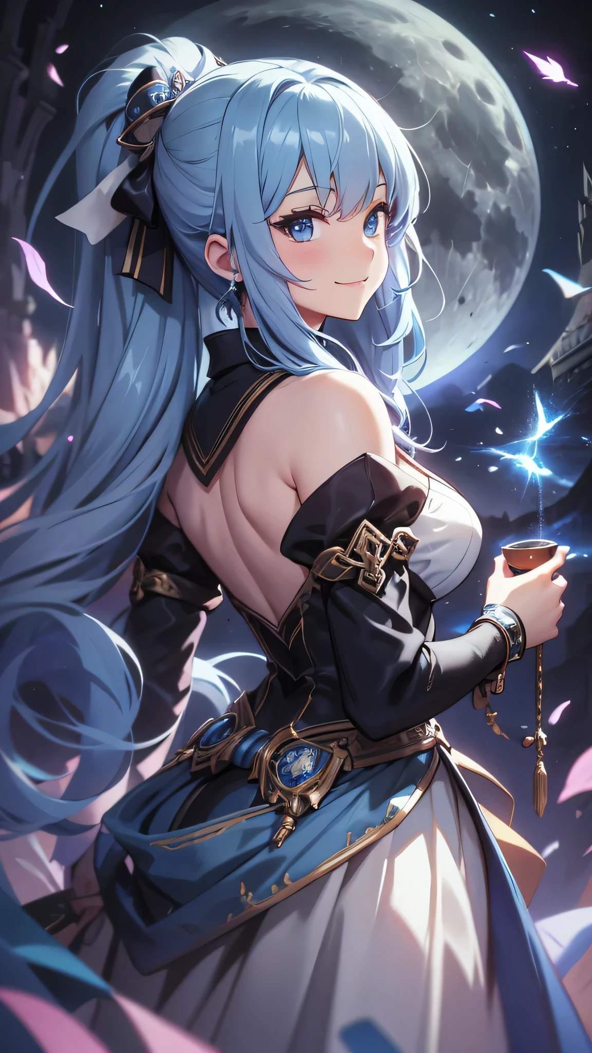 最high quality、best image quality、masterpiece、girl((20-year-old、 By becoming、vest bust、medium bust,wide open breast tea、shining eyes, light blue hair、long hair、thin,highest valley、ponytail、action of looking up、bandage、black dress、long skirt、Rear view、emphasize the buttocks,smile、use magic)),high quality、beautiful art、background((Gorgeous castle、beautiful atmosphere、full moon))、Flight、debris flies、Depth of written boundary、movie、visual art、perfect art、8k,genuine、