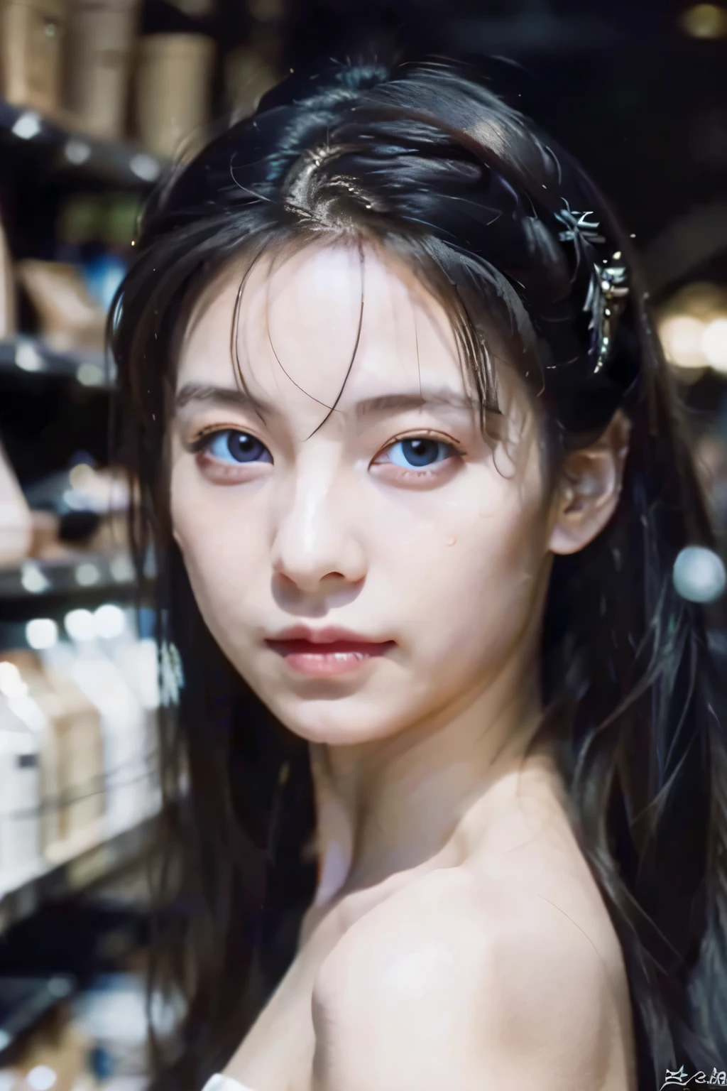 ８ｋ、High resolution、Kanban Lady、beautiful girl、gothic costume、young、white skin,、narrow eyes,high nose,lighting that illuminates the face、clear image、intellectual beauty、skinny、no makeup、anxious look、lighting that illuminates the face,shining hair、single eyelid,blue eyes、at shop、vivid pose