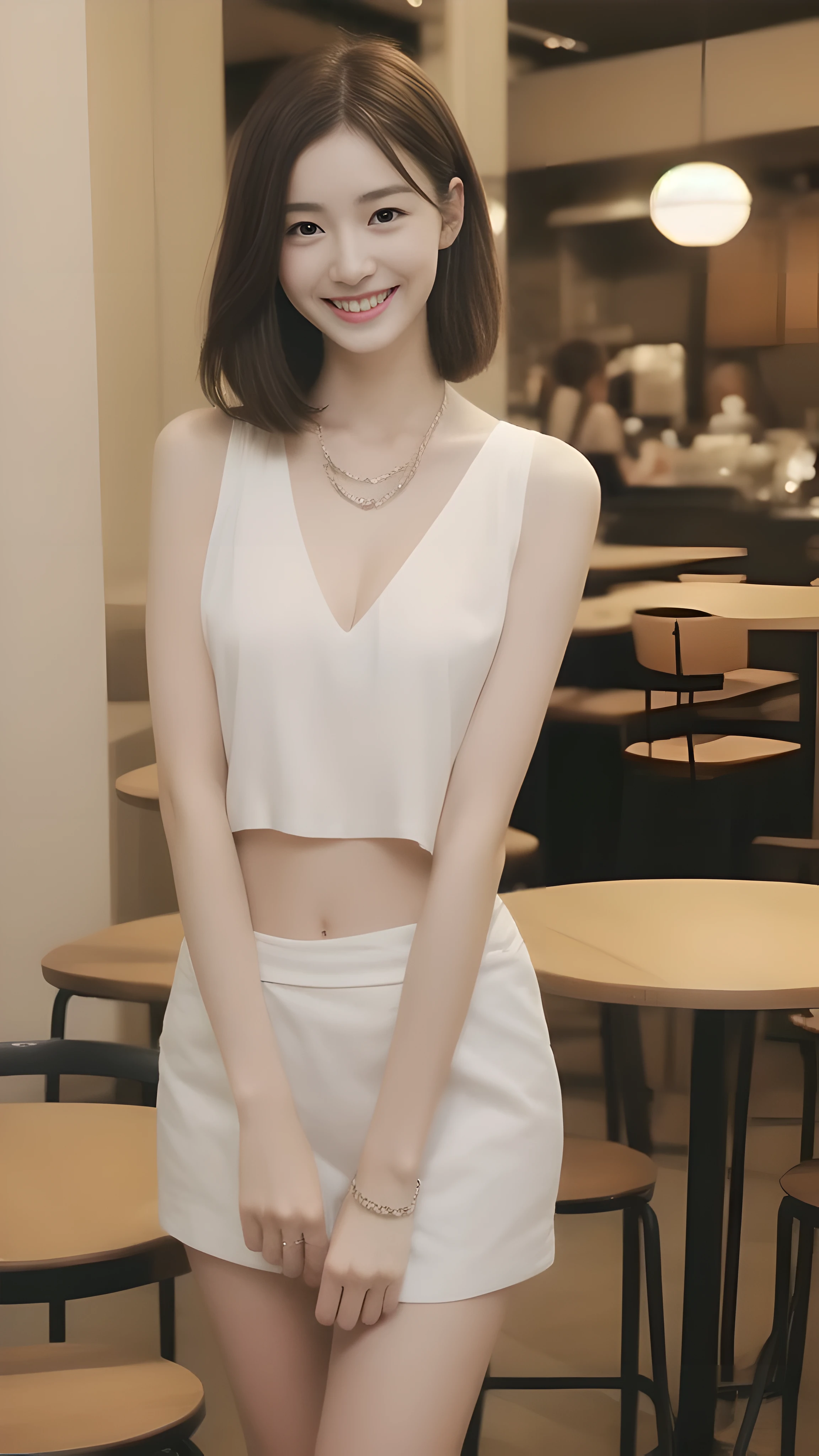 (((best quality))),(((ultra detailed))),(((masterpiece))),illustration,((1girl,solo)),(straight black bob hair:1.2),((slim,thin)),((small breasts,flat chest)),sitting,(in KFC:1.3), (burgers on the table:1.3),((white collared shirt, white strap tank top, white pants)), clean, fresh, bright face, sparkling eyes, rosy cheeks, beautiful smile, white teeth, neatly combed hair,soft hair,V-neck, collarbone, sexiness,visible, natural, carefree, high-waisted, slender waist, taller, bustling restaurant, other customers, enjoying meals, chatting, bright lighting, warm atmosphere, joy, relaxation, cute appearance, carefree attitude, visually appealing, heartwarming