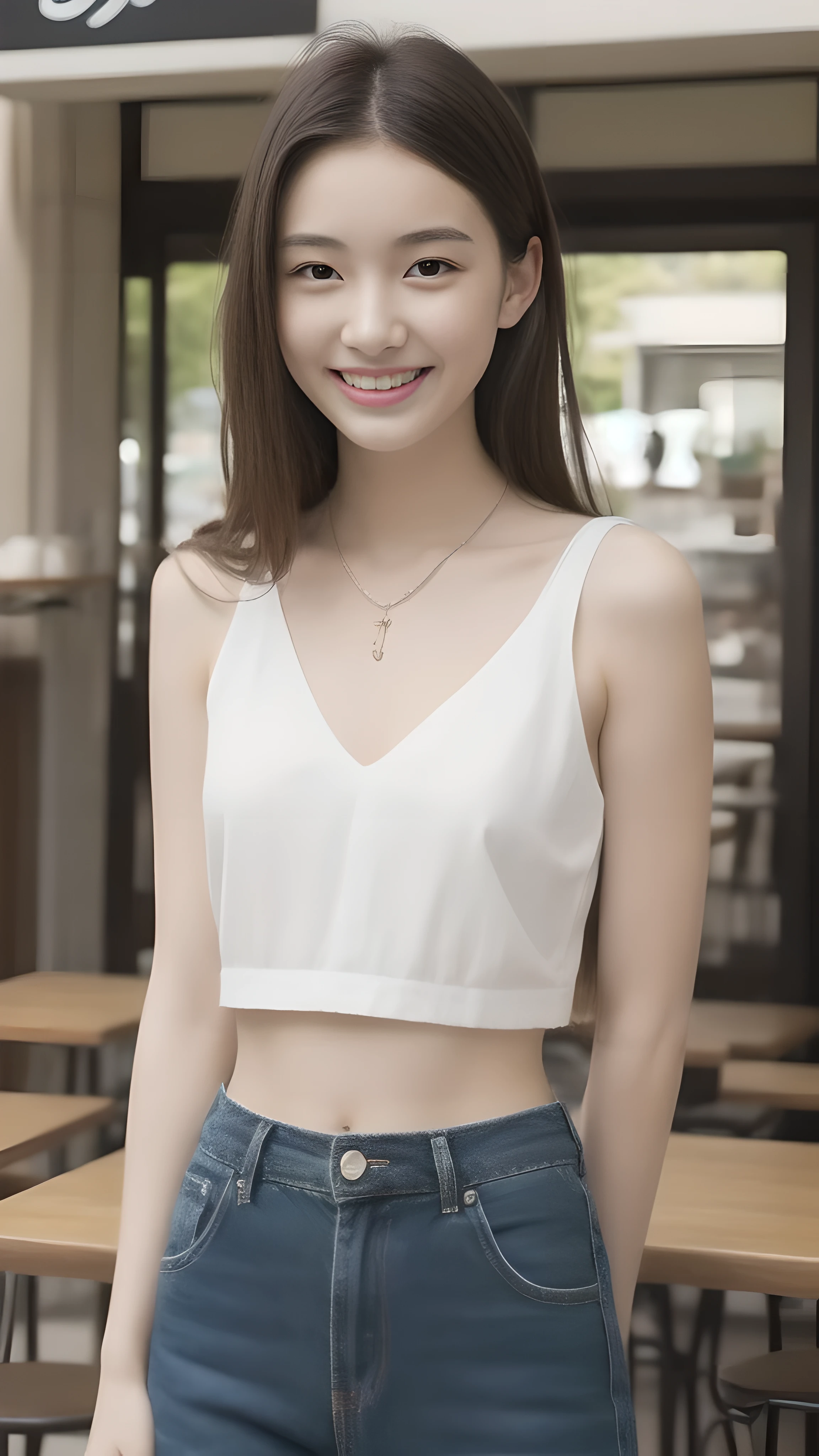 hostess'face、summer clothes, high quality、surreal、healthy、笑face、Slender perfect figure、beauty of japan、 necklace、perfect eyes beautiful skin、Upper body、A sophisticated cafe in the city, very thin waist,