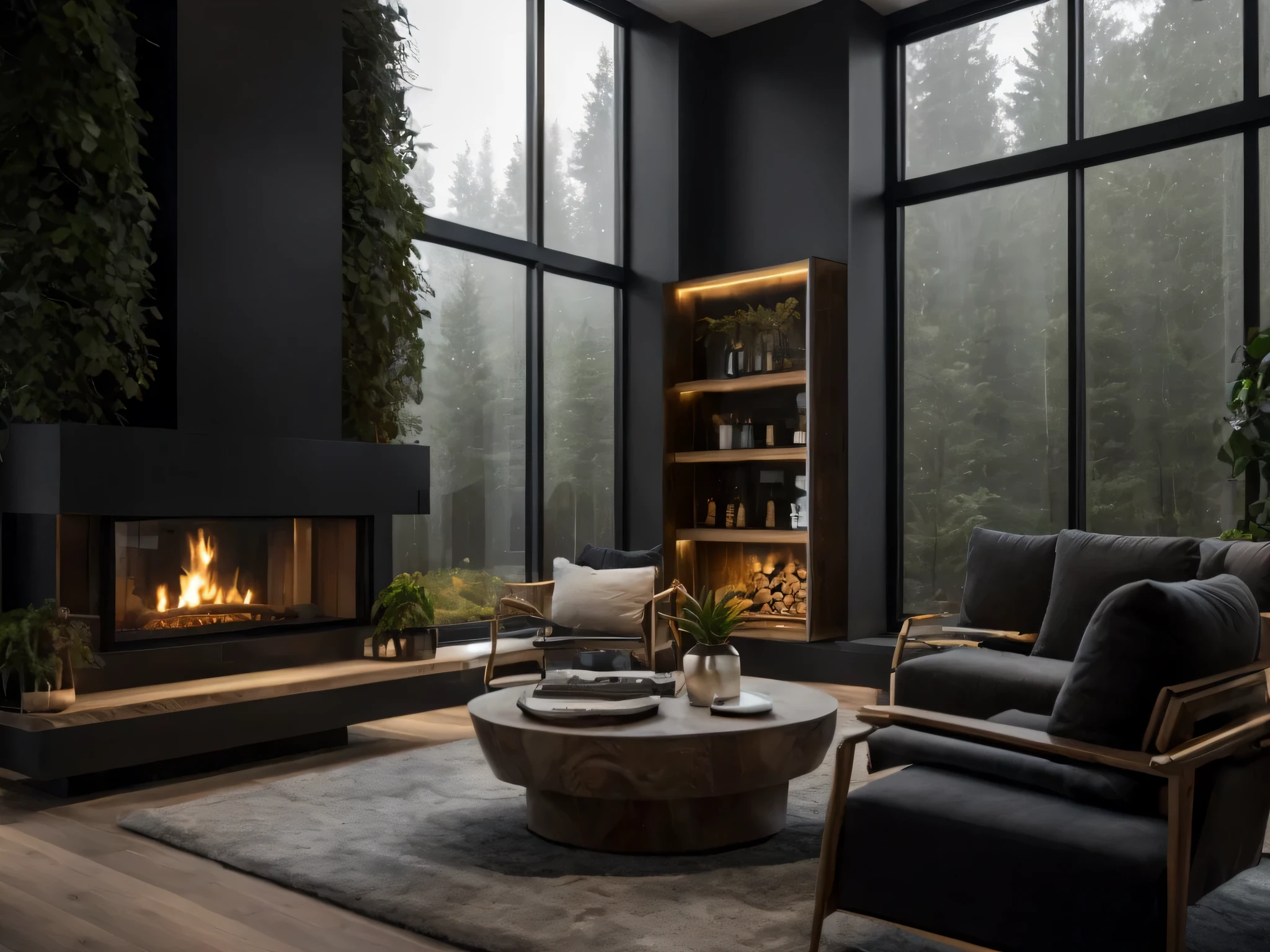 arafed living room with a fireplace and a large window, cozy contemporary living room, modern house in the wood, dark and modern, modern living room, cozy environment, cozy living room interior, apartment with black walls, large windows to forest at night, relaxing environment, dark interior, moody ambiance, cosy atmoshpere, cozy and calm