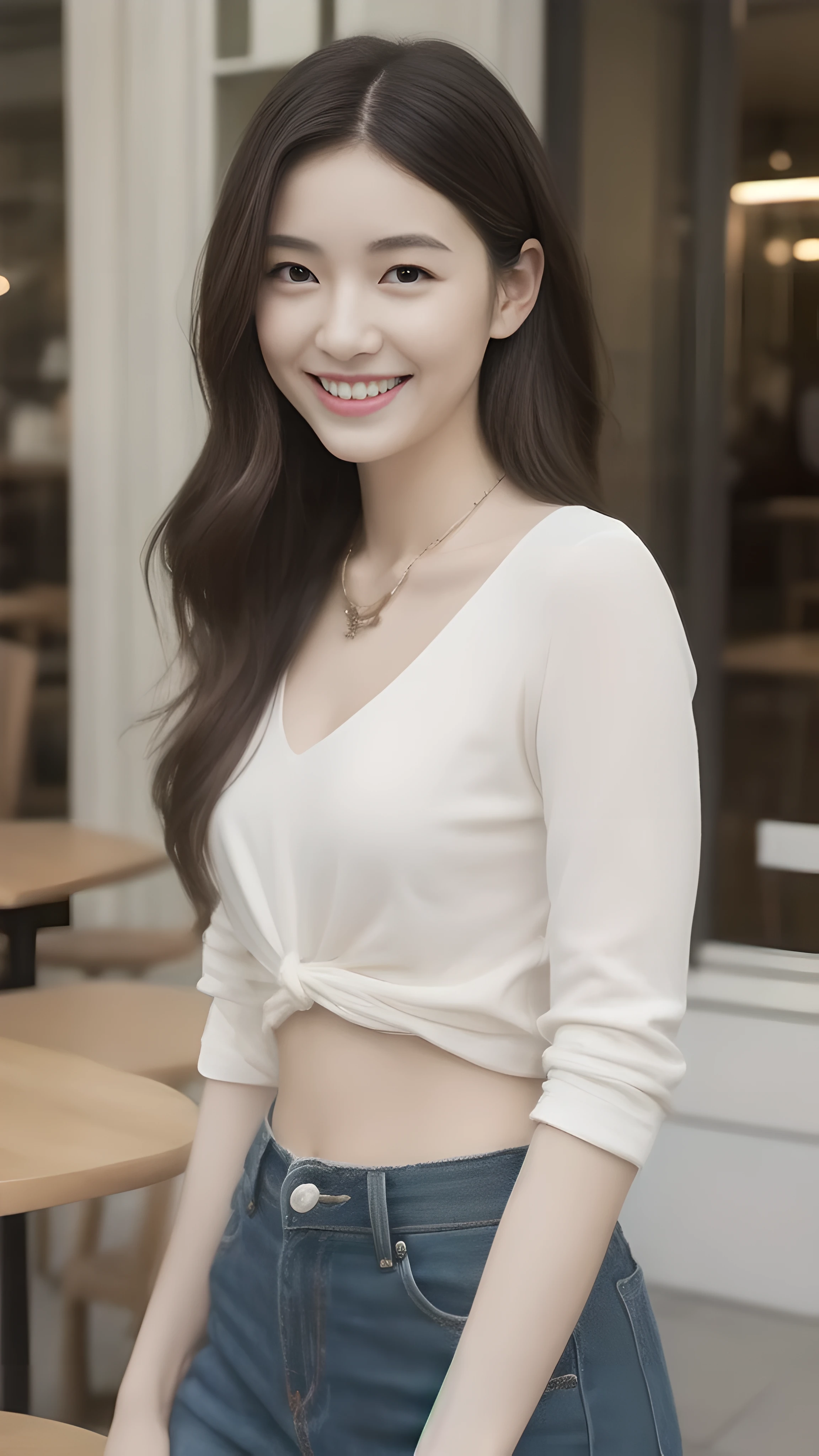 hostess&#39;face、summer clothes, high quality、surreal、healthy、笑face、Slender perfect figure、beauty of japan、 necklace、perfect eyes beautiful skin、Upper body、A sophisticated cafe in the city, very thin waist, 