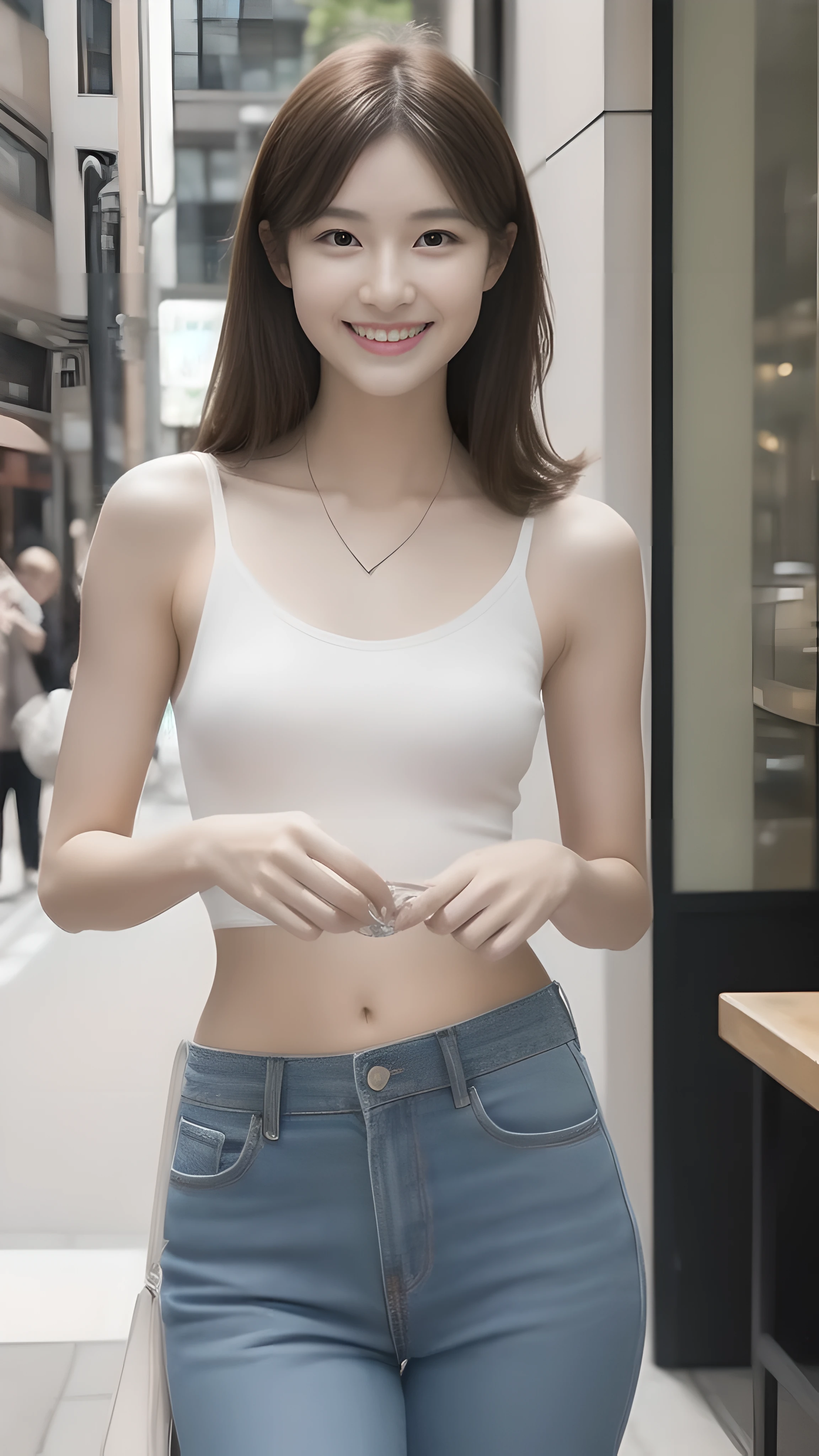 hostess'face、summer clothes, high quality、surreal、healthy、笑face、Slender perfect figure、beauty of japan、 necklace、perfect eyes beautiful skin、Upper body、A sophisticated cafe in the city, very thin waist,