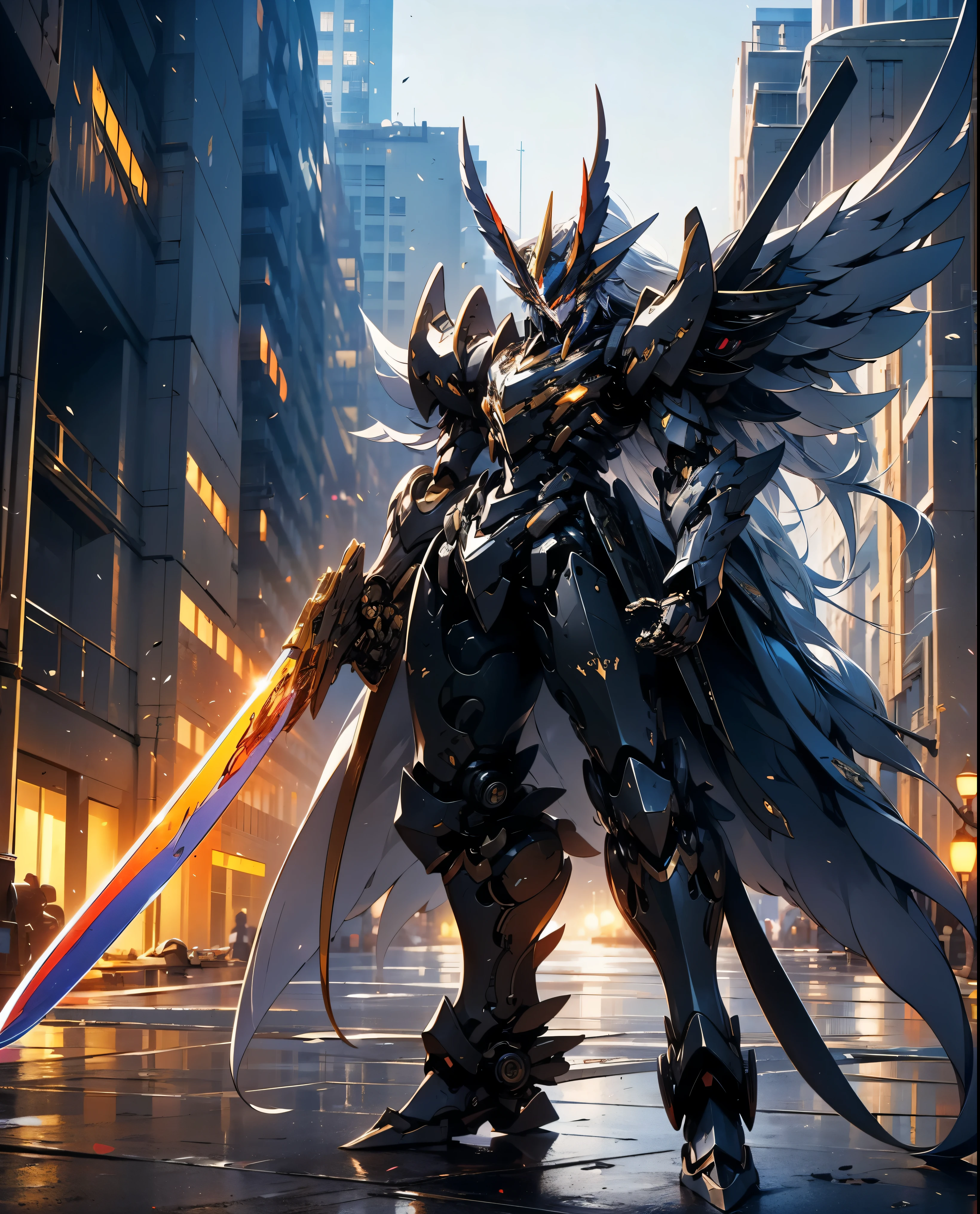 a human with futuristic suite Valkyrie standing in front of ruins with infinite sword gun, in style of saint seya, mecha big wings, mechanized valkyrie, mecha armor, mecha suit, black armor with yellow light, black mecha, concept art of omegamon