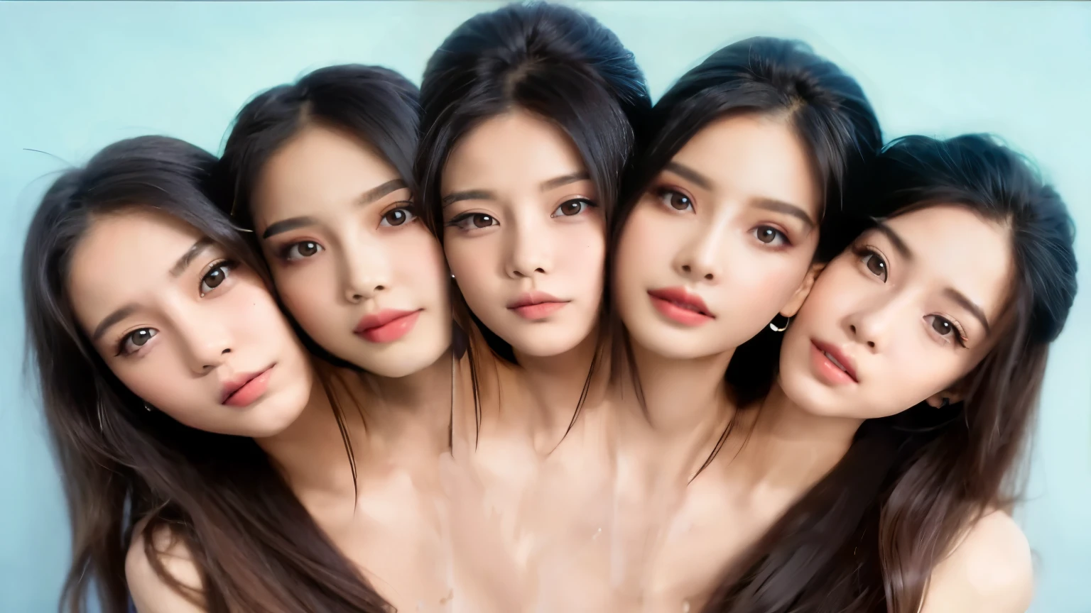 a girl with 5 heads, 5 heads on one body, all heads perfectly next to each other