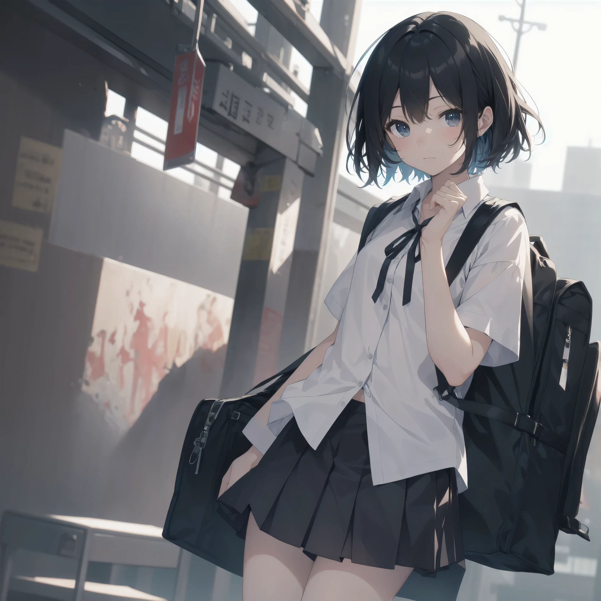Super absurd quality by the god of art, super detailed, High resolution, anime moe art style, Best Anime 8K Kona-chan Wallpaper, pixiv contest winner, perfect anatomy, break,(眠そうにalone学校へ行く女の子を描いてください. )break,1 girl, (alone,little woman, baby face, 13 years old:1.3),All limbs, full finger,, The charm of an immature body, (very short hair), bangs, flat chest, Small Bodysuits, small ass, between legs, small black eyes, detailed and beautiful eyes, Well-proportioned iris and pupils, expressive eyes, sleepy eyes, High resolutionの詳細な髪, hair grip, neck ribbon, skirt, collared shirt,  pleated skirt, school uniform, school bag,(detailed lighting), (detailed background), On the way to school. break,super dense skin, Best movie lighting by famous artists, 8k,cute illustration,photoshop_(Moderate),Absurd Hi-Res,Hmm,rough skin