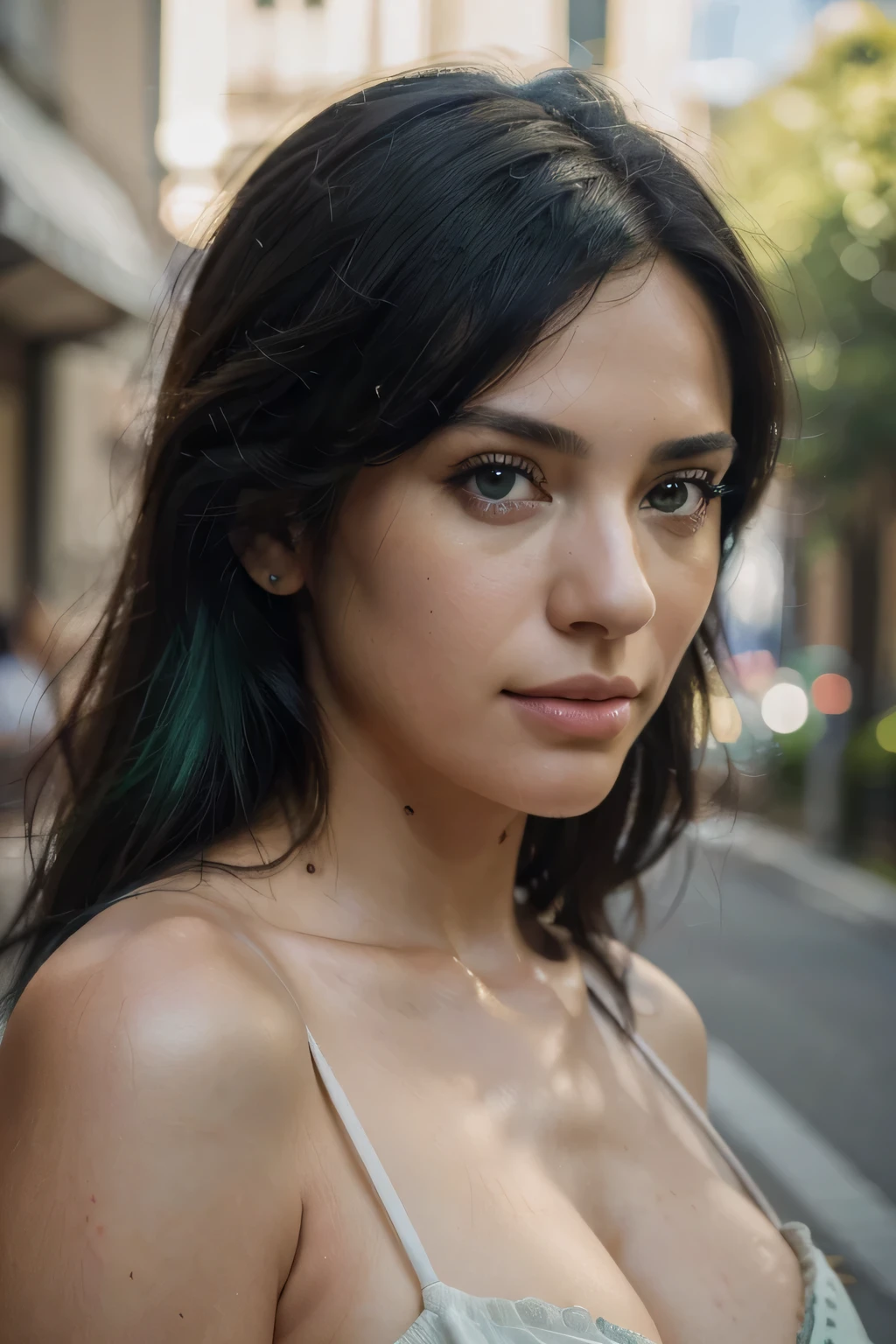 (best quality,4k,8k,highres,masterpiece:1.2),ultra-detailed,(realistic,photorealistic,photo-realistic:1.37),Brazilian woman,black hair:1.1,medium length hair:1.1,[green hair],blue eyes,detailed eyes:1.1,looking at the camera,Canon EOS R50 camera