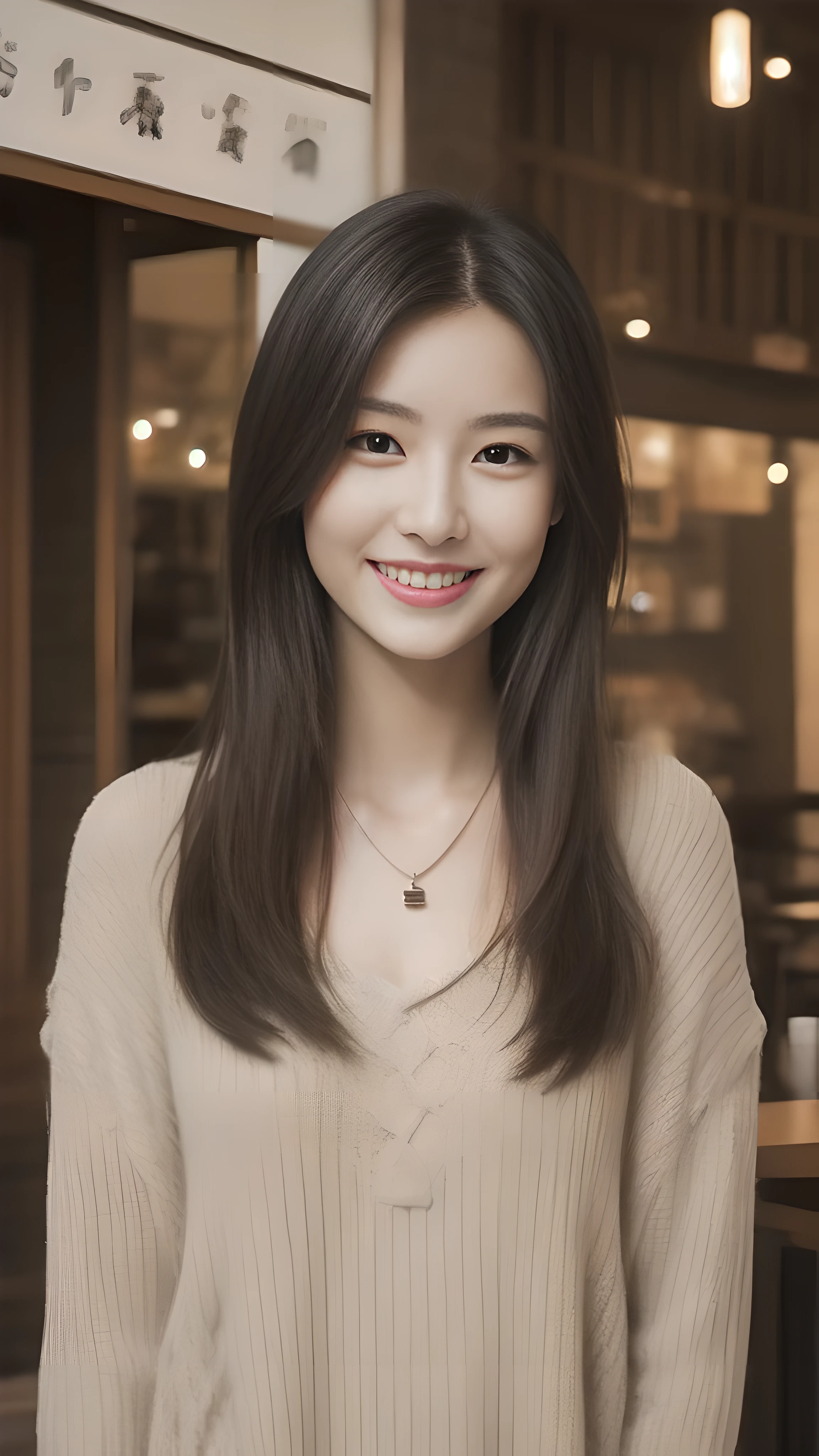 hostess'face、Winter clothes、high quality、surreal、healthy、笑face、Slender perfect figure、beauty of japan、 necklace、perfect eyes beautiful skin、Upper body、A sophisticated cafe in the city