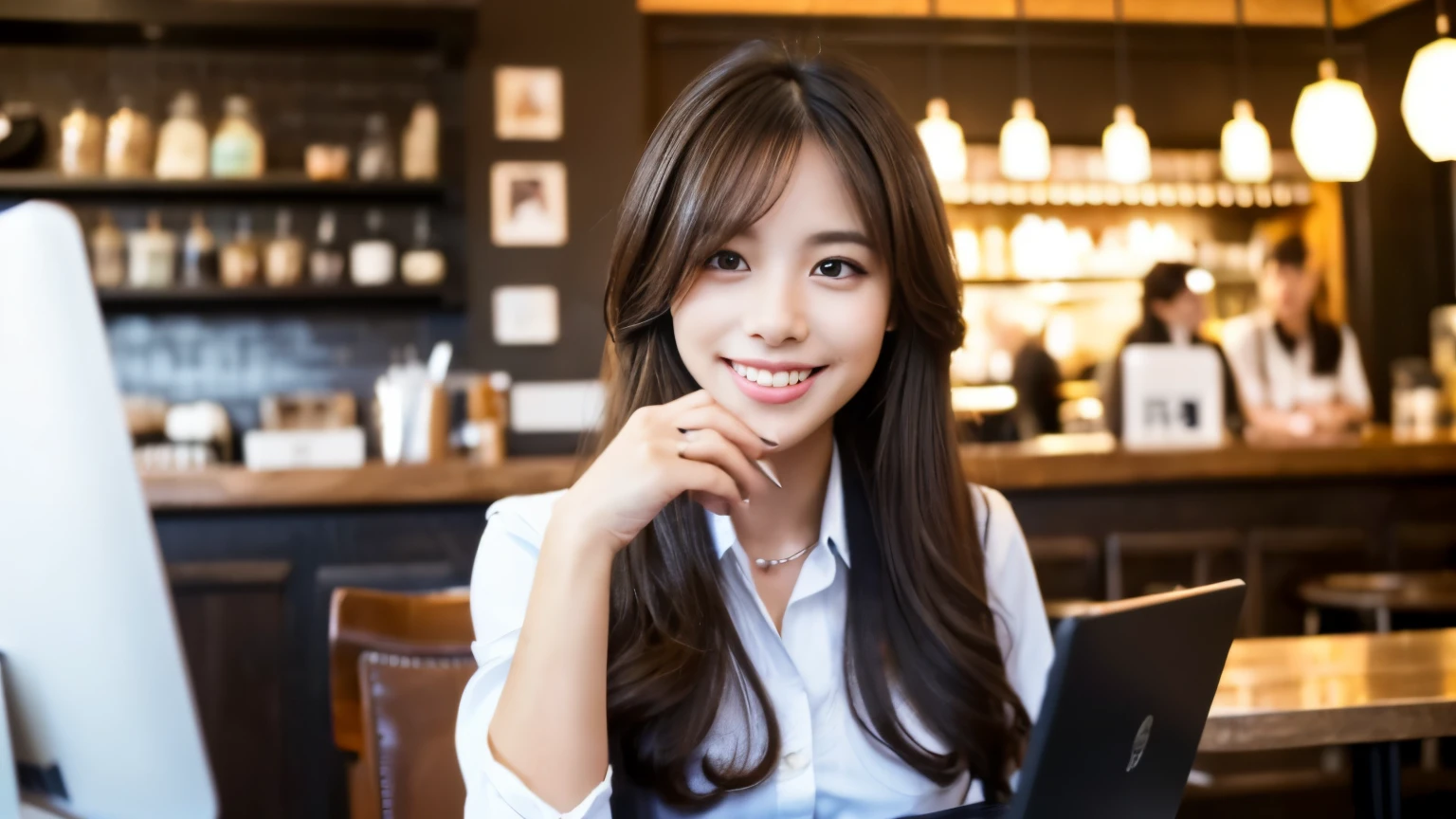 ((最high quality, 8k, masterpiece: 1.3)), perfect face,Inside a stylish cafe in New York、A scene in which a beautiful model-like woman with big breasts is drinking a latte and studying on a laptop.,All around you, you can see other customers enjoying their time.。At the back of the cafe、The staff are busy working at the counter.、You can feel the liveliness and stylish luxury that is typical of a city cafe., sharp focus, 1 girl, Sexy 1.2, , (big: 1.5), fine eyes, Beautiful eyes with long slits, double eyelid, (cat face), (cute Face), cute Smile, (close your mouth), (cute), soft skin, Show the whole body, surreal, super detailed, high quality, (Beautiful female college student studying in a cafe), ((詳細な非常にcute女子大生)), ((胸は隠れているけど服の上から解るぐらいbig胸))