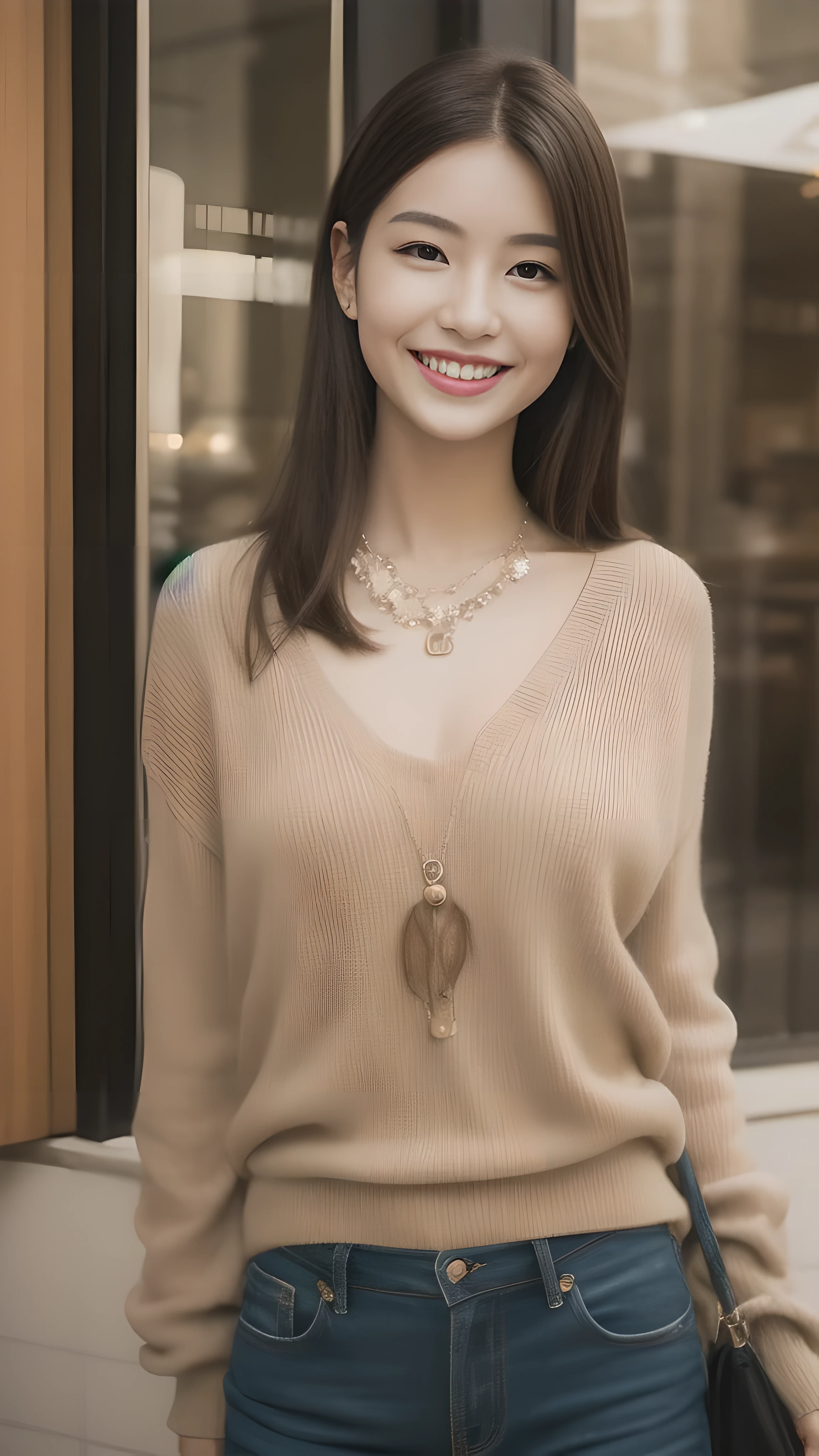 hostess'face、Winter clothes、high quality、surreal、healthy、笑face、Slender perfect figure、beauty of japan、 necklace、perfect eyes beautiful skin、Upper body、A sophisticated cafe in the city