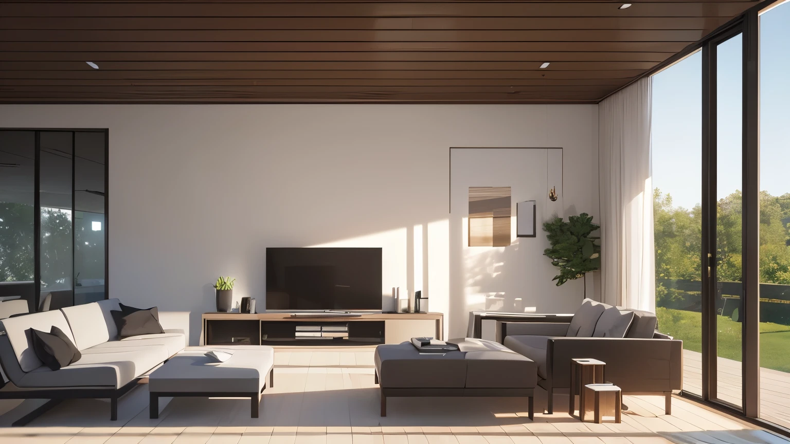 you are a famous interior designer、I was asked to create a 3D image of a large modern room.。. Create a harmonious environment with modern and minimalist furniture. Including garden interior.